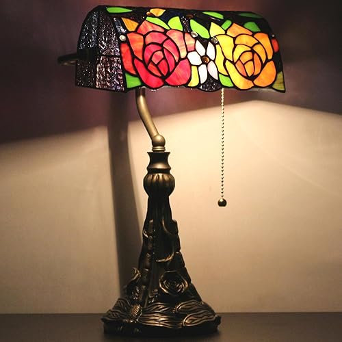 Lámpara Banquero Tiffany - Lámpara de Mesa Pequeña de Vidrio Emplomado Estilo Tiffany, Luz de Piano, Estilo Rosa Amarilla Roja, Lámpara de