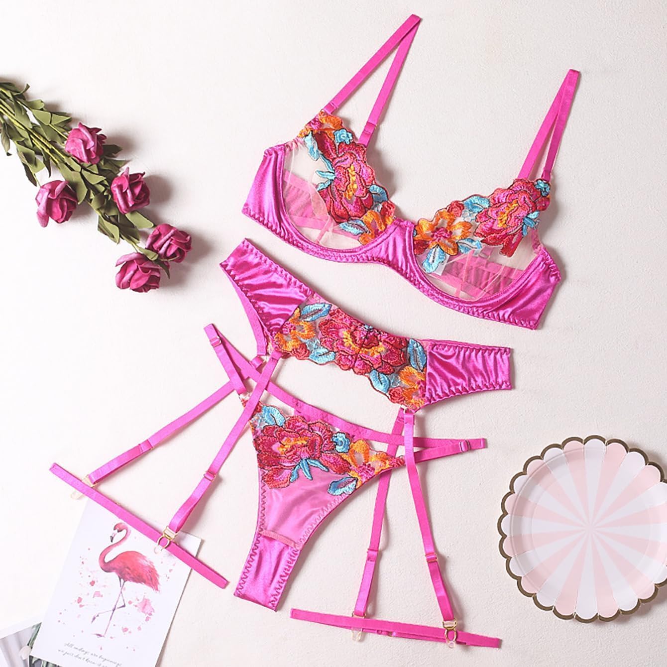 Lilosy Sexy Leaf Floral Embroidered Mesh Sheer Women Underwire Push Up Lingerie Set - Image 7