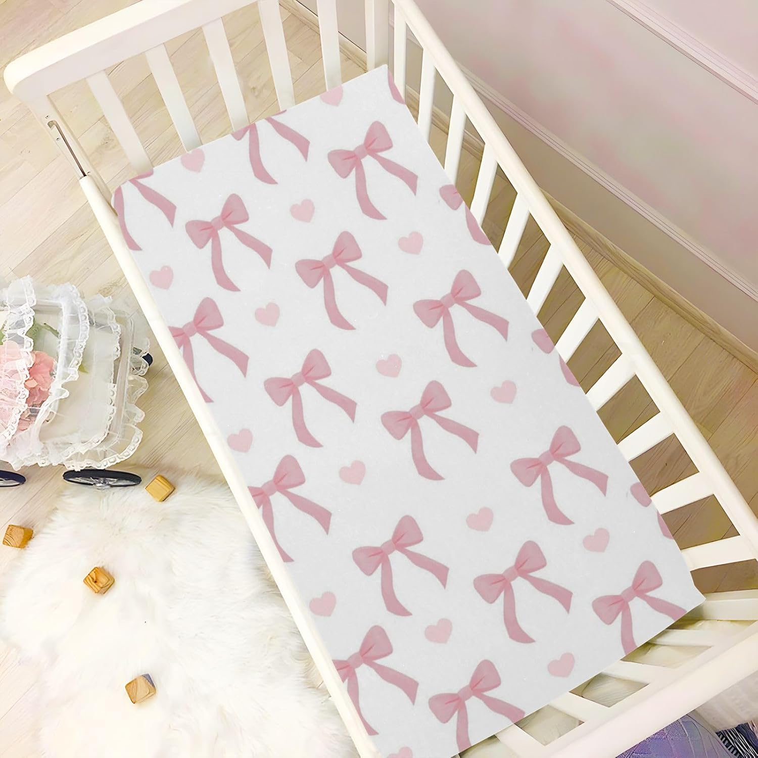 Crib Sheets for Boys Girl Hearts Ribbons Neutral Mini Crib Mattress Sheets Fitted, Pink Bows Toddler Baby Sheets for Crib Mattress Soft & Breathable 39 * 27 * 5In