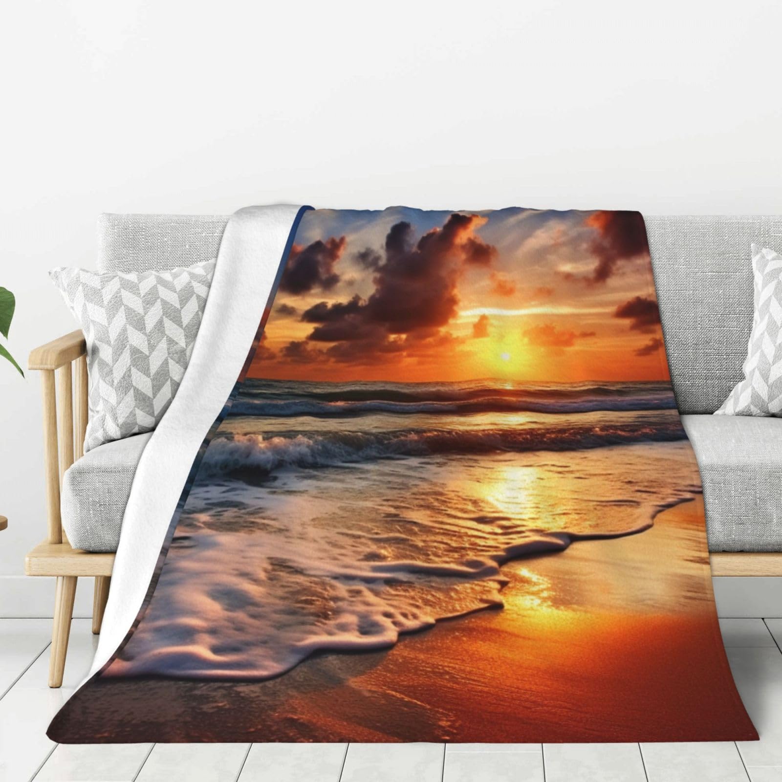 Beach Sunrise Throw Blanket Plush Flannel Fleece Blanket, Soft Lightweight Cozy Blankets 80"X60" for Bed Couch Sofa Travel