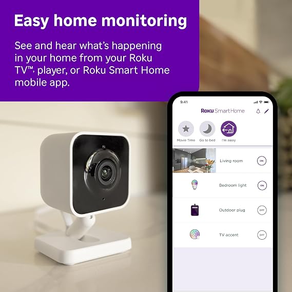 Roku Indoor Camera, Home Security with 1080p HD Color Night Vision, 1-Pack