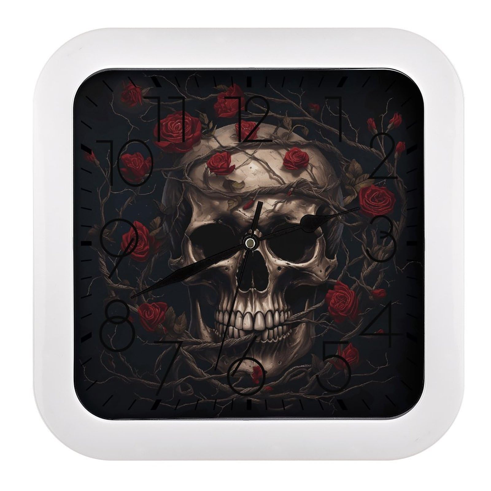 Horloge murale tête de mort et rose rouge rétro pour décoration de salon et bureau