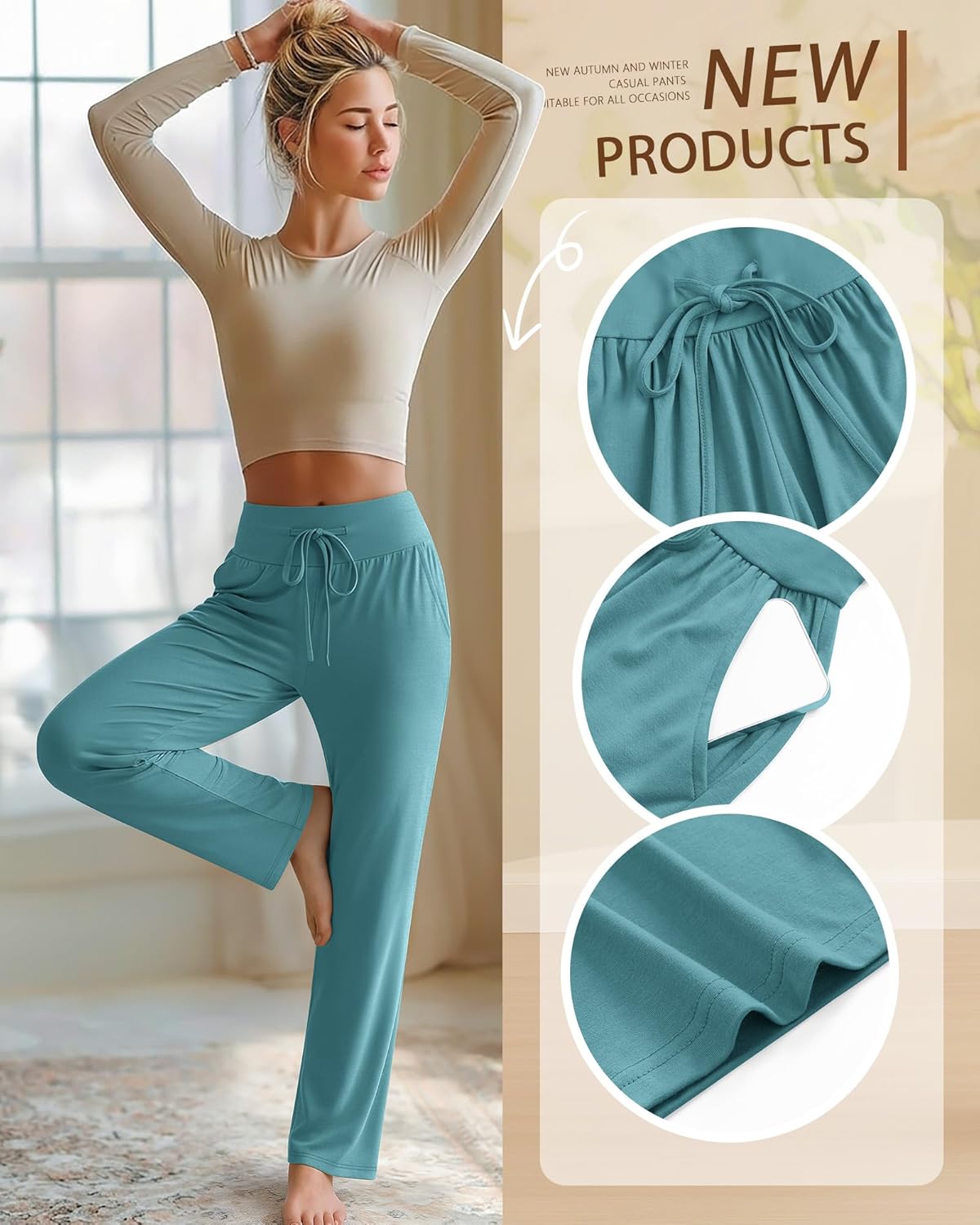 3 Pack Women's Lounge Pants Wide Leg Yoga Pants Loose Drawstring High Waisted Pajama Bottoms with Pockets - Image 4