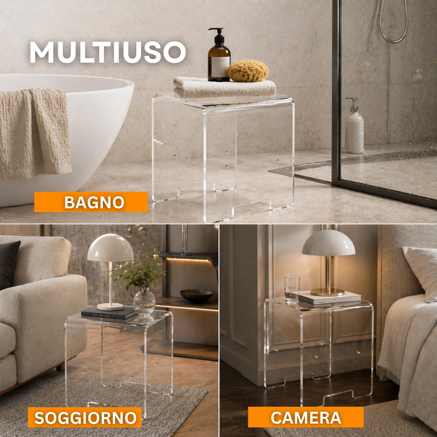Agplex Sgabello Doccia in vetro acrilico plexig. 12mm misure 35x25x40 cm, sgabello bagno trasparente e resistente, design moderno multiuso per ogni ambiente - Made in Italy