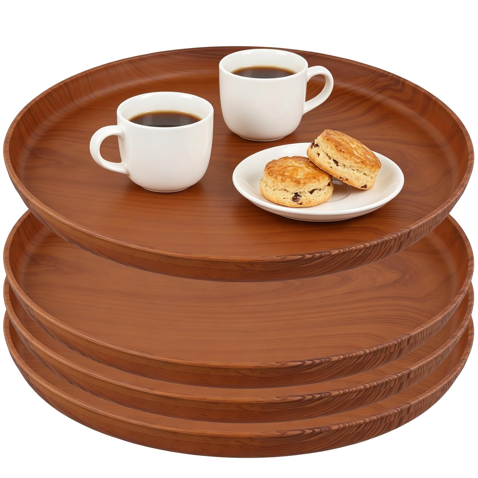 Plateaux ronds en plastique marron effet bois 31,5 cm de cuisine salon restaurant lot de 4