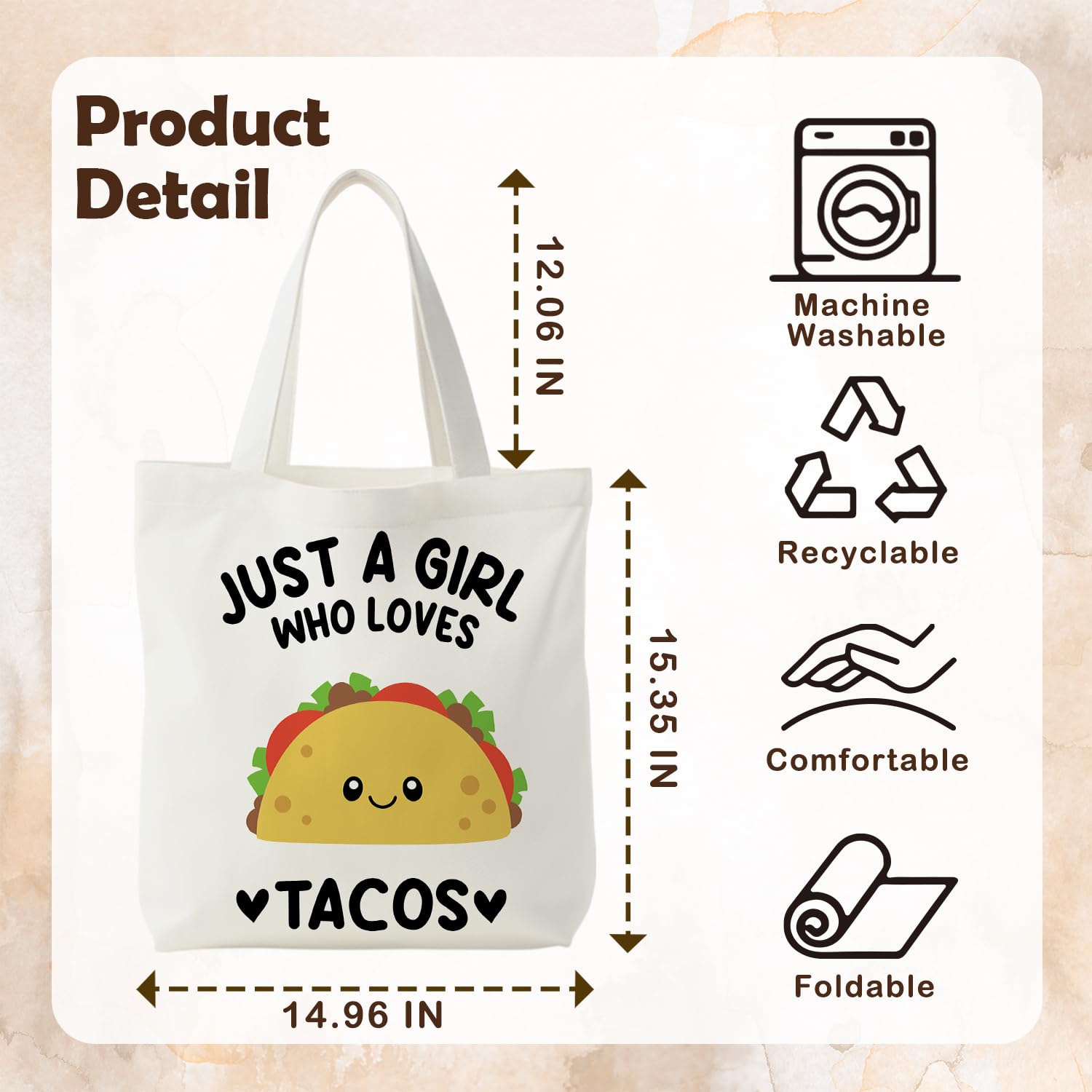 KEUSPI Mexican Taco Gifts Tote Bag for Women, Mexican Gifts Canvas Tote Bag, Gift for Taco Lovers, Just a Girl Who Loves Tacos Reusable Shopping Grocery Bags