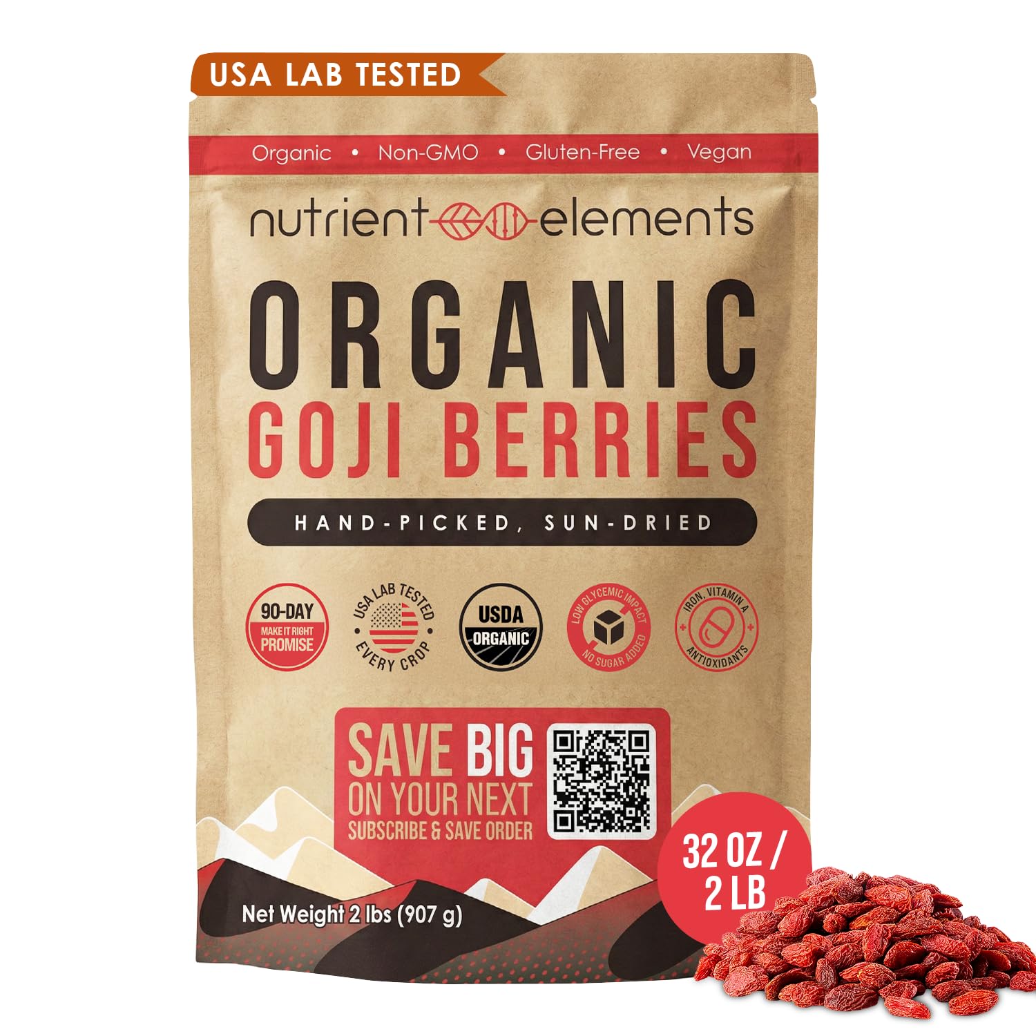 Goji Berries – 2 lb/32 oz – USDA Organic, Raw, Sun-Dried, Hand-Picked – Extra Large Dried Berries – Resealable Bag – Naturally Grown, No Additives