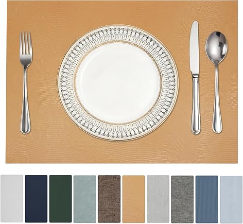 Juego de 8 manteles individuales de vinilo, 17 x 12 pulgadas, color café, de piel sintética, antideslizantes, reversibles, 100% impermeables,