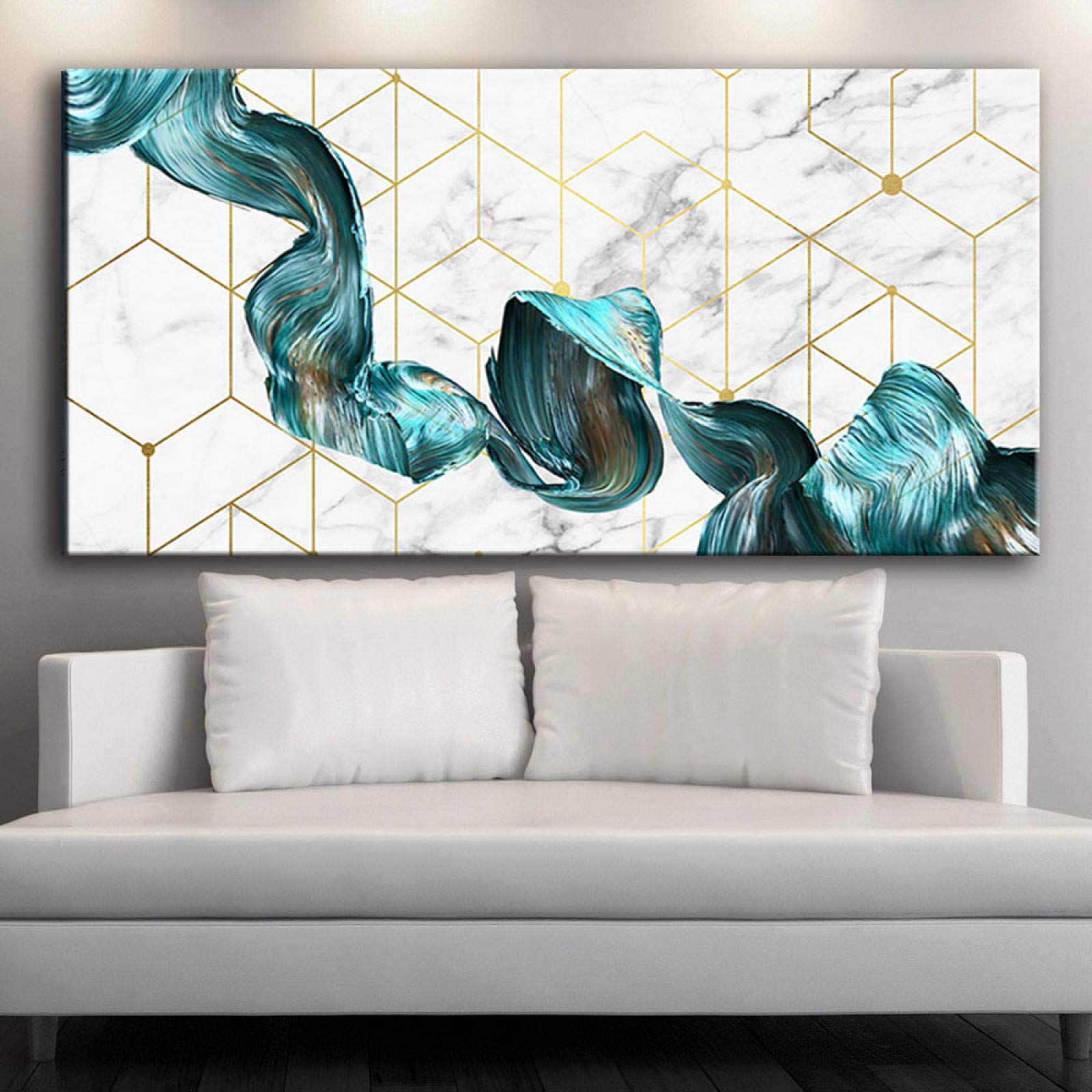 Arte decorativo nórdico abstracto Mármol Textura de mármol Cartel abstracto Arte de pared verde dorado Impresión Lienzo moderno Pintura en tinta 70x140cm (28x55in) Con marco