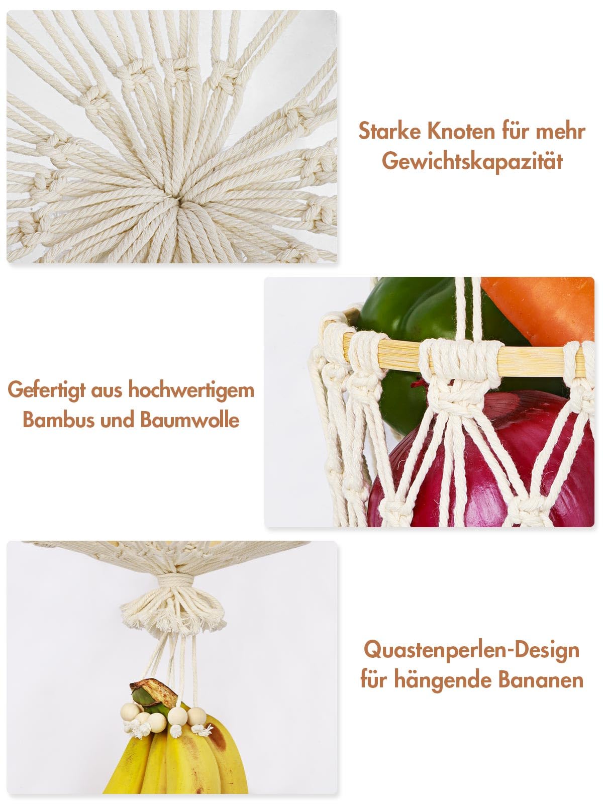 3 Stöckig Obstkorb Hängend, Bambus Hängekorb Obst, Platzsparend Obst Etagere Hängend Für Küche, Obst Aufbewahrung Hängend (120 cm)