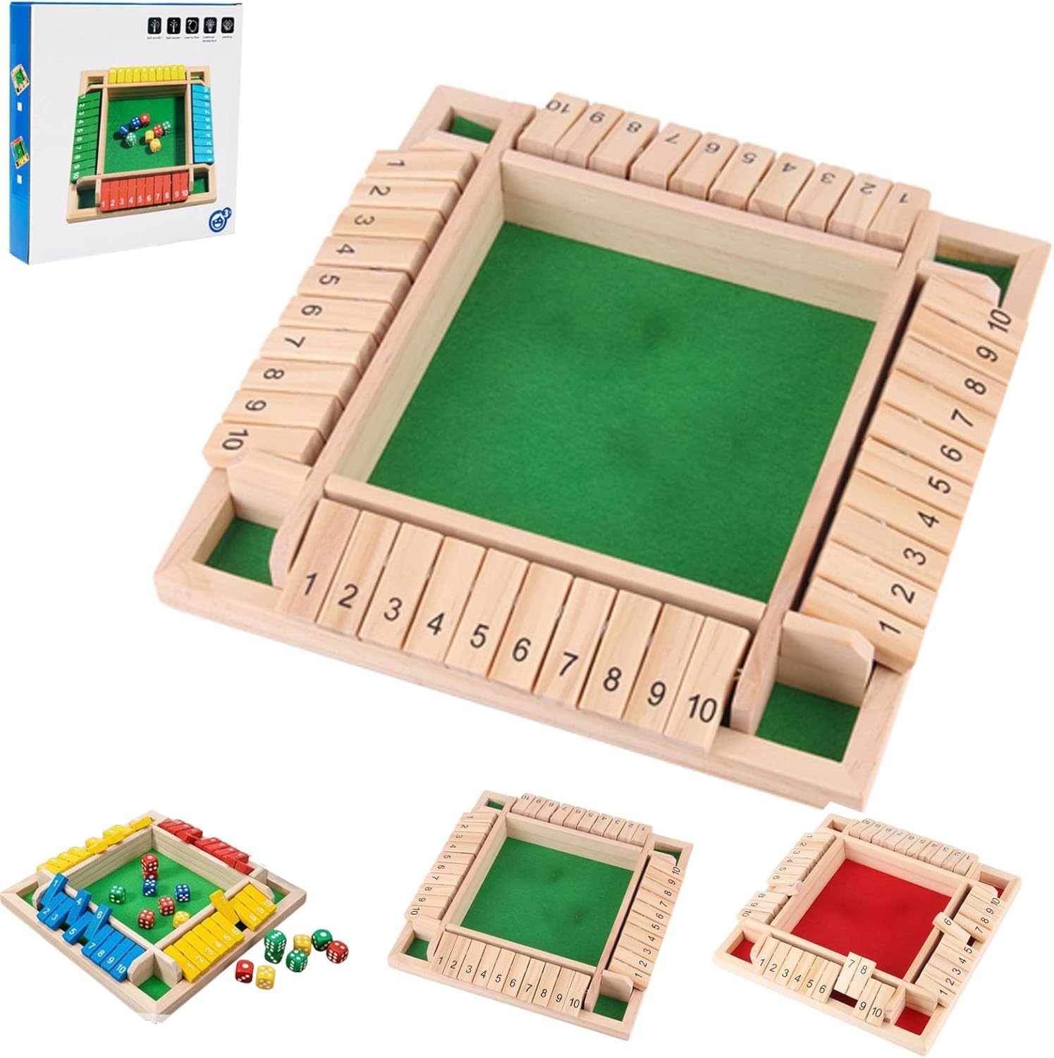 Shut The Box Game Wooden, Shut The Box Game 4 Player, Educational Wooden Dice for Classroom and Home Entertainment (Green)