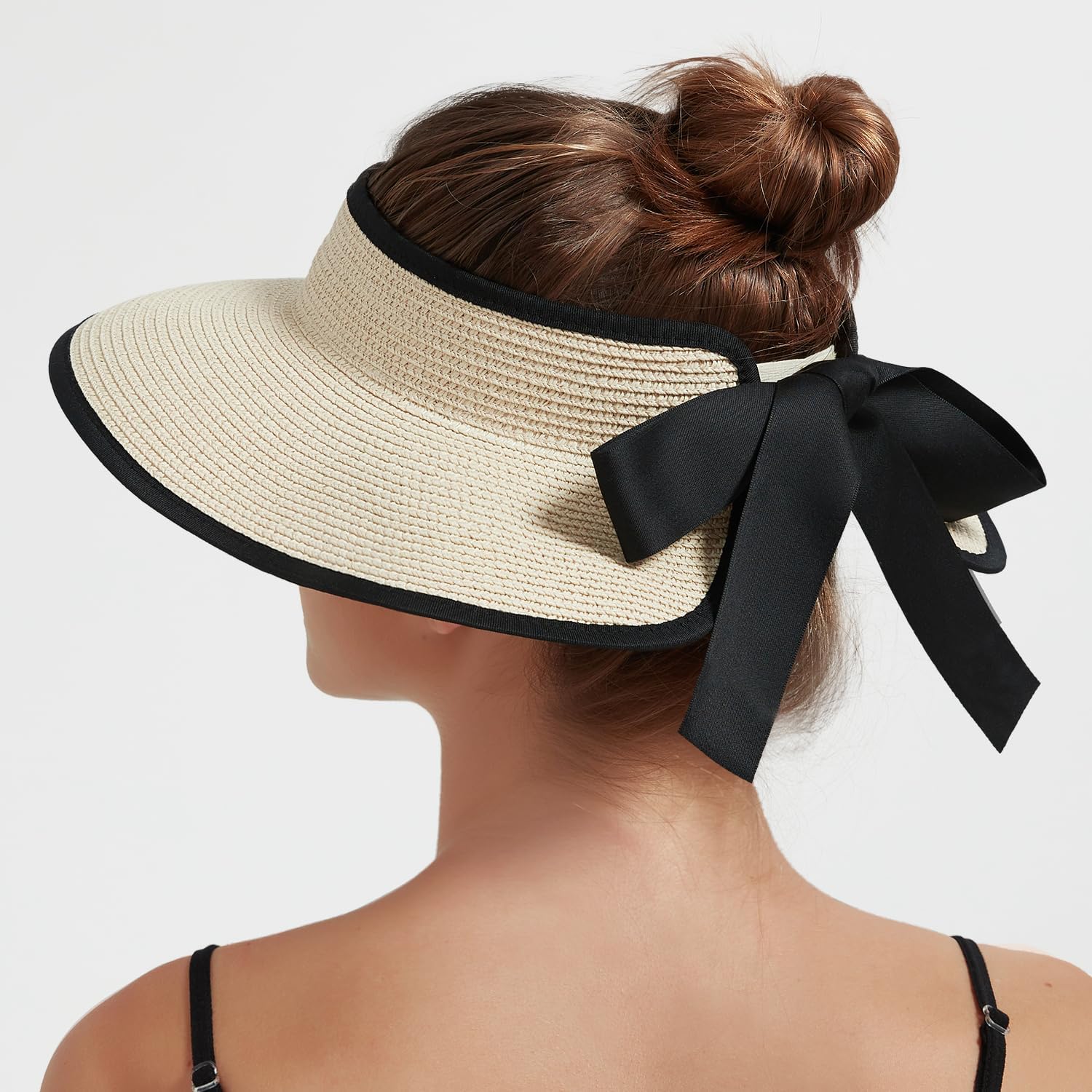Sun Visor Hats for Women Straw Visor Wide Brim UV Protection Packable Summer Beach Hat Ponytail Travel UPF 50+ - Image 3