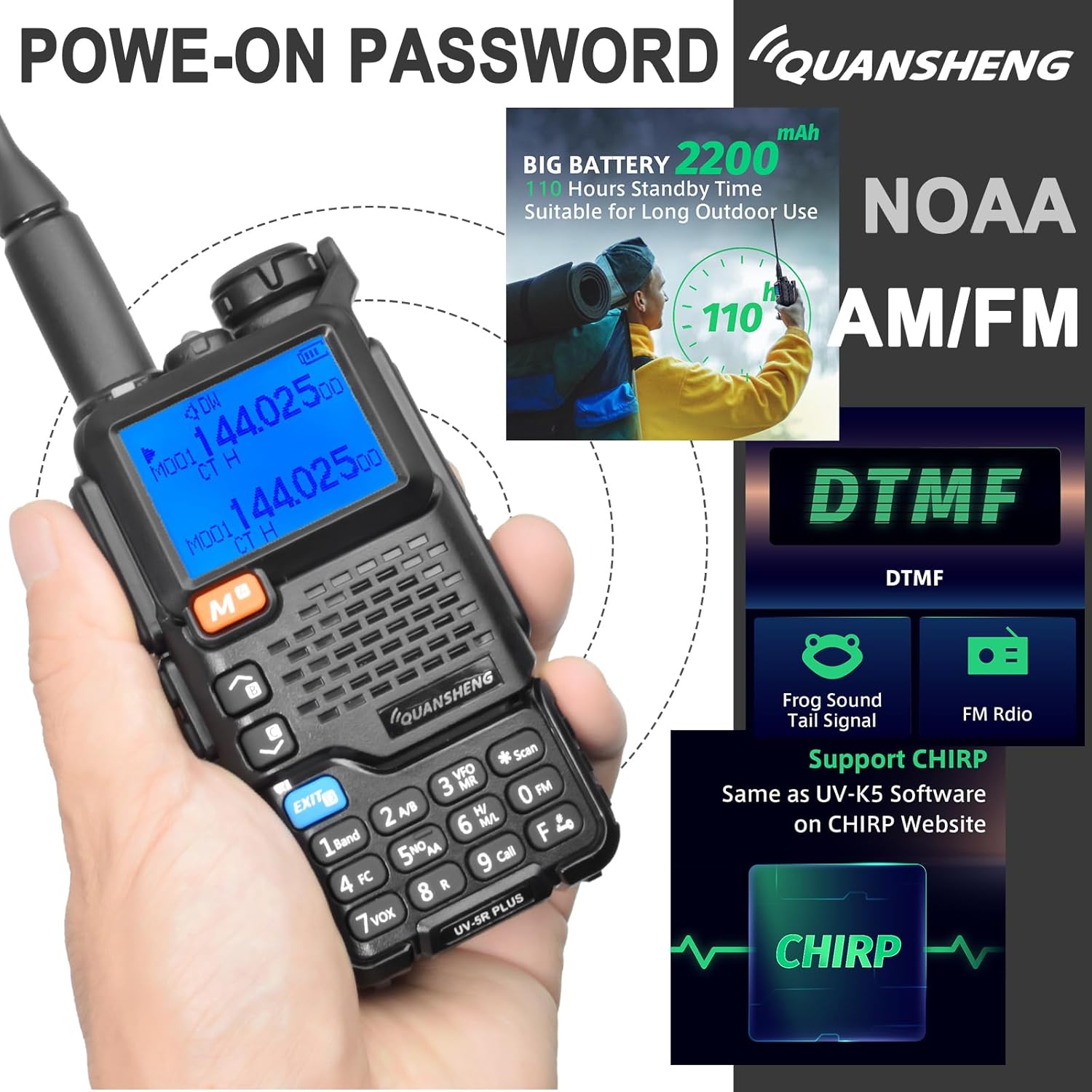 Quansheng UV5R Plus telsizi, NOAA, DTMF, Kurbağa Sesi, Açılış Şifresi ve CHIRP yazılım uyumluluğu gibi özellikleriyle öne çıkıyor.