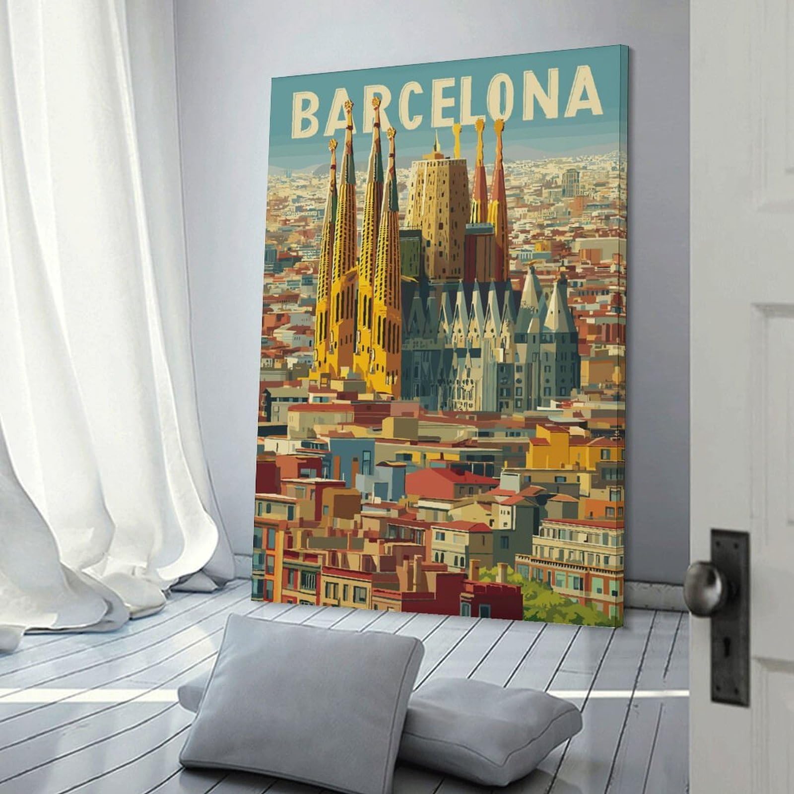 Junmoney Wall Art Print Barcelona Cityscape with Sagrada Familia(4), 24x36inch(60x90cm), for Living Room, Bedroom Or Apartment Walls, Modern Wall Decor for Cosy Interiors