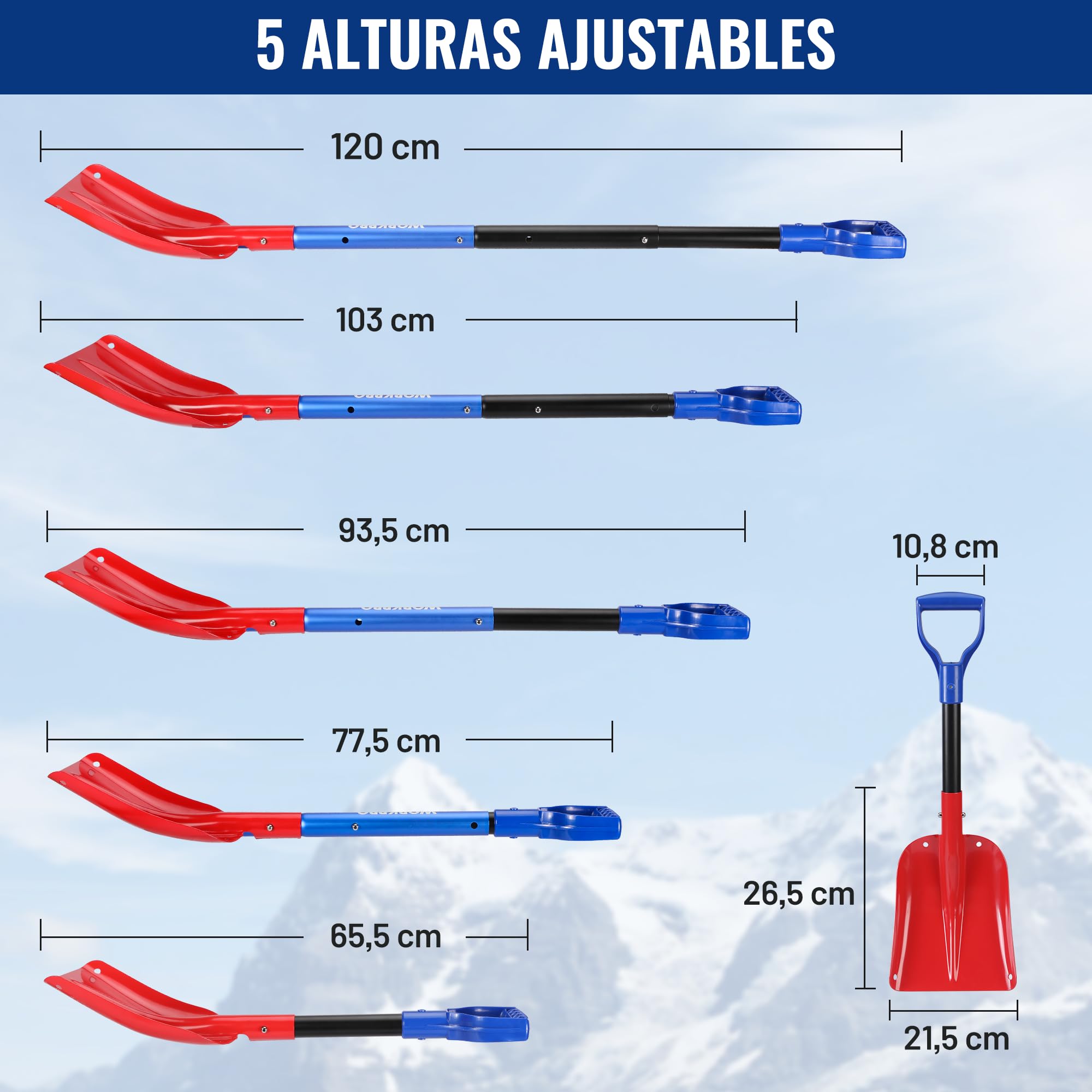 WORKPRO Pala de Nieve, Pala Quitanieves de Aluminio Extraíble, Pala para Nieve con Mango Telescópico, 65,5-120 cm, Herramienta para Quitar Nieve con Bolsa de Transporte, Adecuada para Jardín, Coche