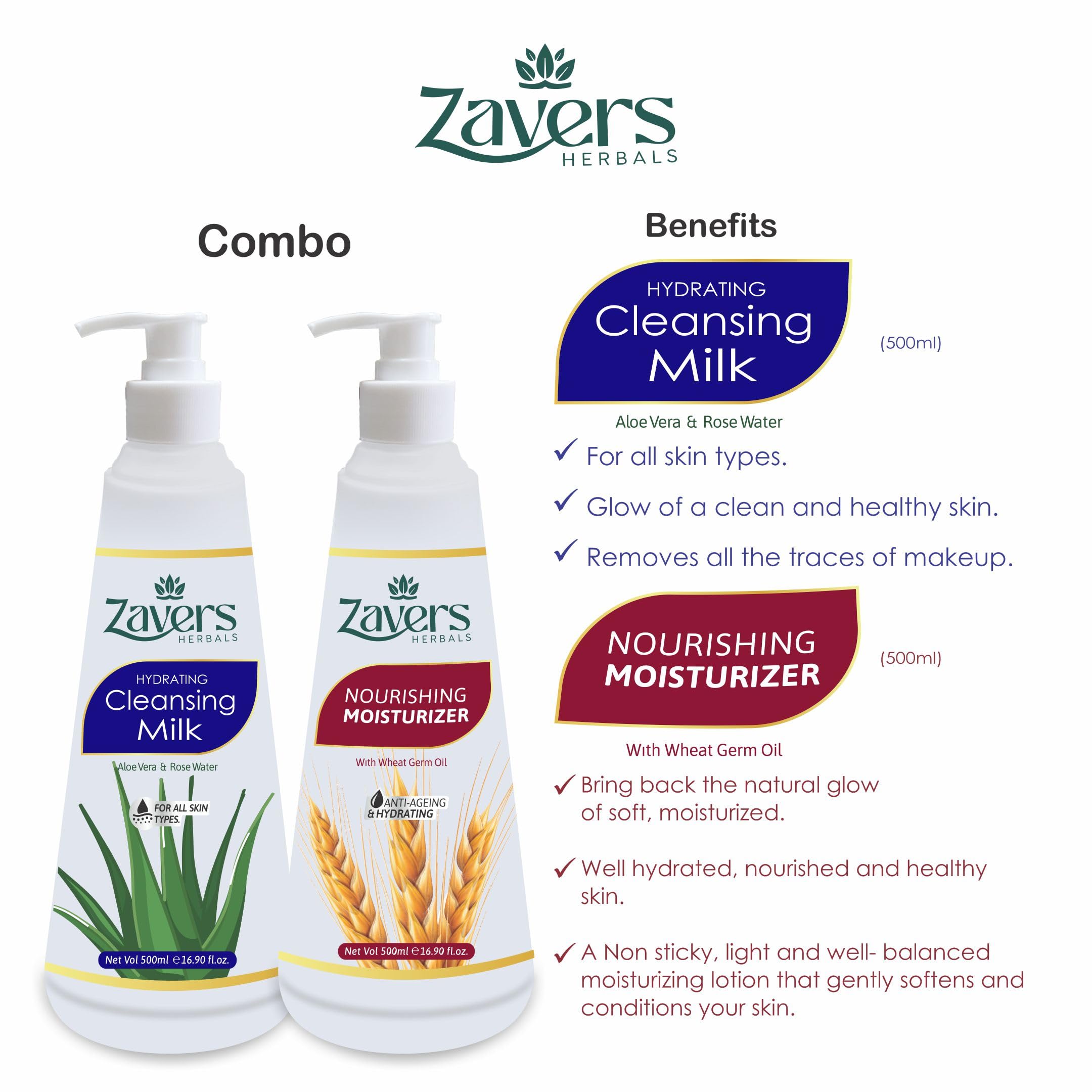 Zavers Cleansing Milk & Skin Moisturizer Duo – 500ml Each | Deep Pore Cleanser & Hydrating Body Lotion | Gentle Daily Skincare for All Skin Types | Soft, Smooth & Nourished Skin - Image 2 thumbnail