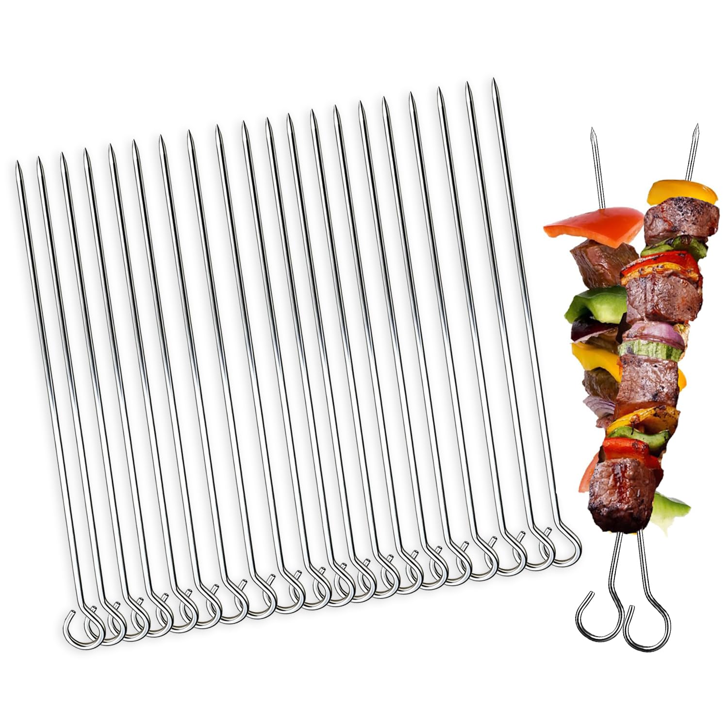 20 PCS Metal BBQ Skewers Food Meat Kebab Skewers Grill Meat Cooking Barbecue Sticks, Reusable Metal Skewer Sticks Barbecue Shish Kebab Sticks, BBQ Grilling Skewers for Air Fryer, Metal Skewer