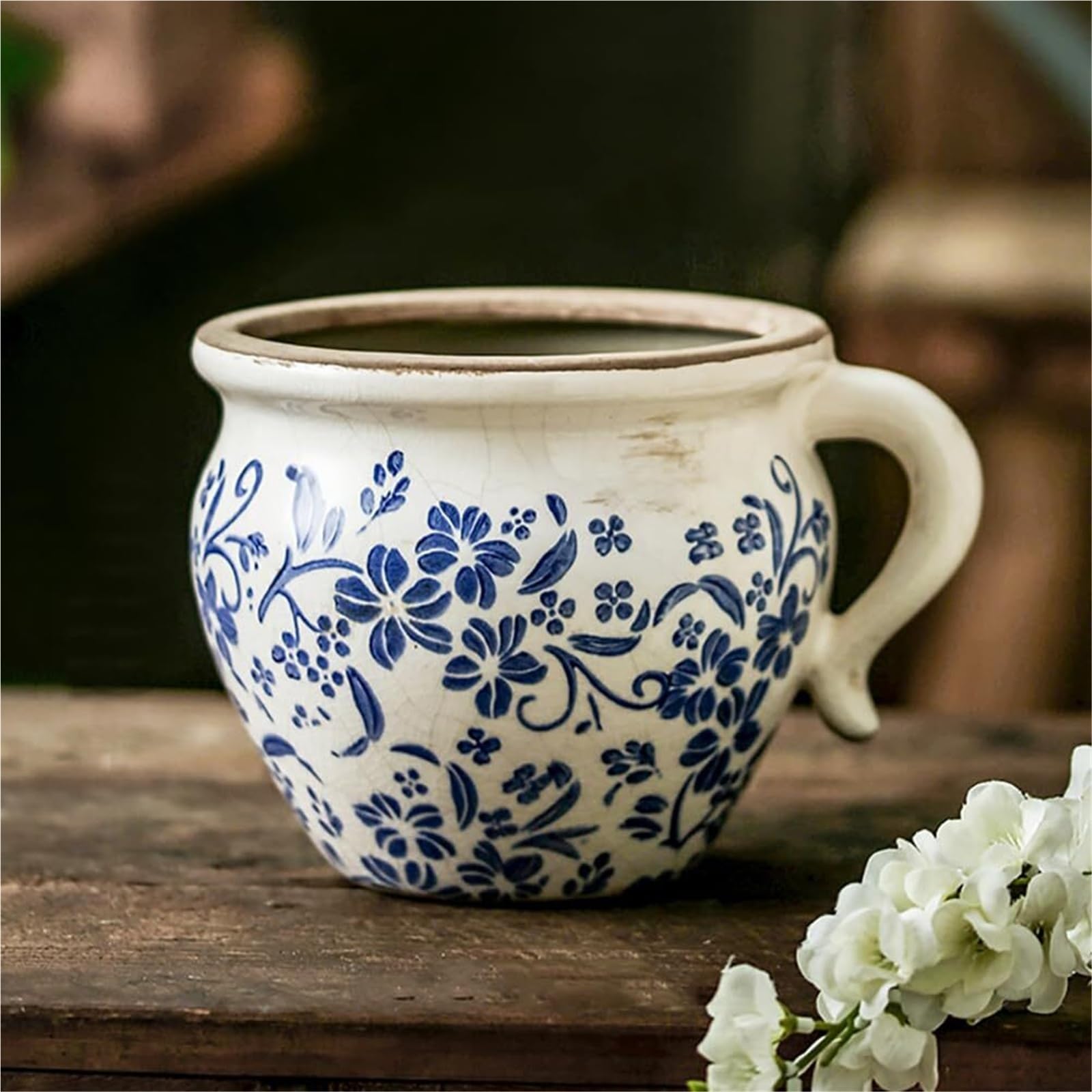 Doniczka Vintage Retro Rustykalna Ceramiczna Doniczka Z Uchwytem - Vintage Pęknięty Wazon Wystrój Ogrodu(Blue2, With Drain)