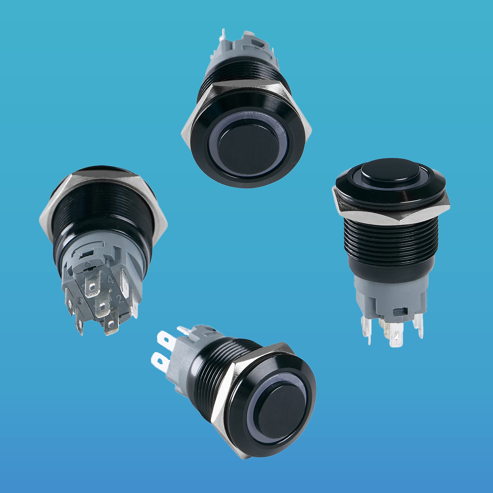 ChromaTek Full-Color RGB (WS2812) 19mm Momentary Push Button Switch, Arduino, Raspberry Pi, ESP32, ESP8266 (Black Shell, High Round)