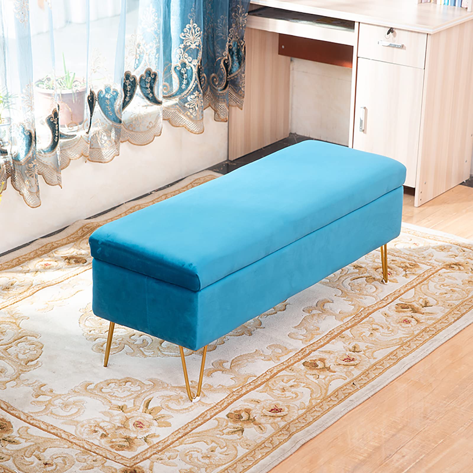 ZHANGshouf Velvet Upholstered Storage Bench Modern Plush Ottoman with Tufted Footstool Design Entryway End of Bed Settee for Living Room Blue 60x40x43cm