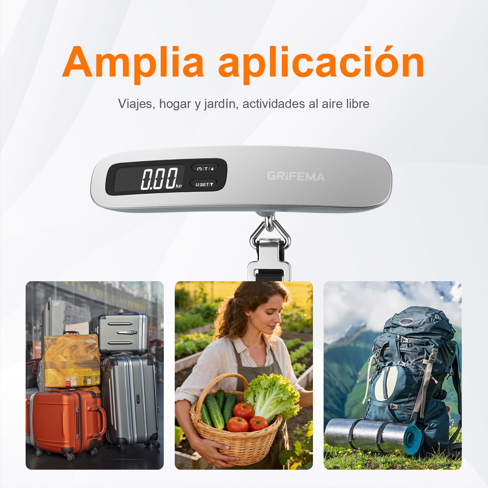 GRIFEMA GA2006 Báscula Maletas Viaje Portátil, Báscula de Equipaje con Pantalla LCD, 110 lb/50 kg, Plata