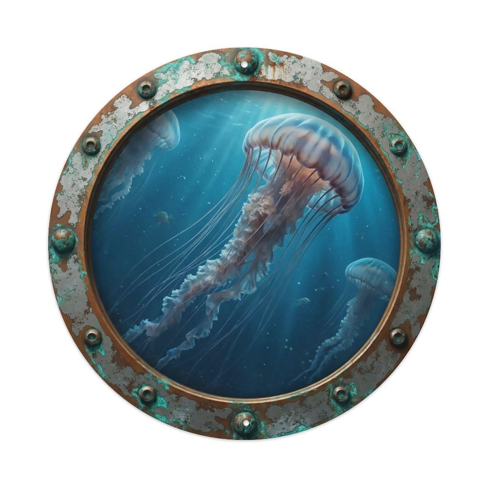 Odgynaw 8X8inch(20X20cm) Vintage Porthole Lion Mane Jellyfish Nautical Window View Metal Tin Sign