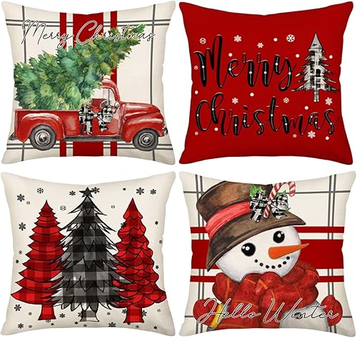 Juego de 4 fundas de almohada con diseño de árbol de Navidad, muñeco de nieve de 22 x 22 pulgadas, color rojo y blanco, decoración de Navidad,