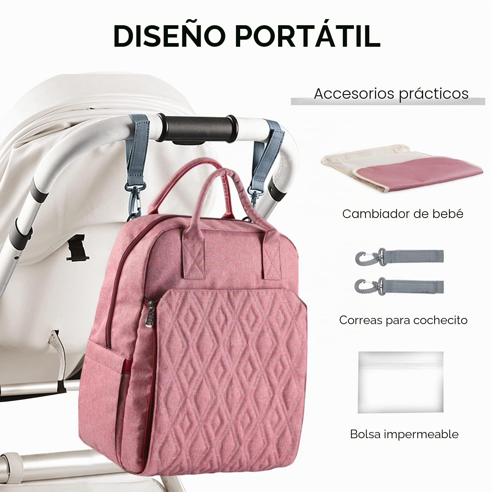 SONARIN Multifunción Elegante Mochila de Pañales para Bebé,Bolsa de Pañales Gran Capacidad Impermeable Bolsa para Pañales de Viaje Portátil con Cambiador y Ganchos Carrito Bebé