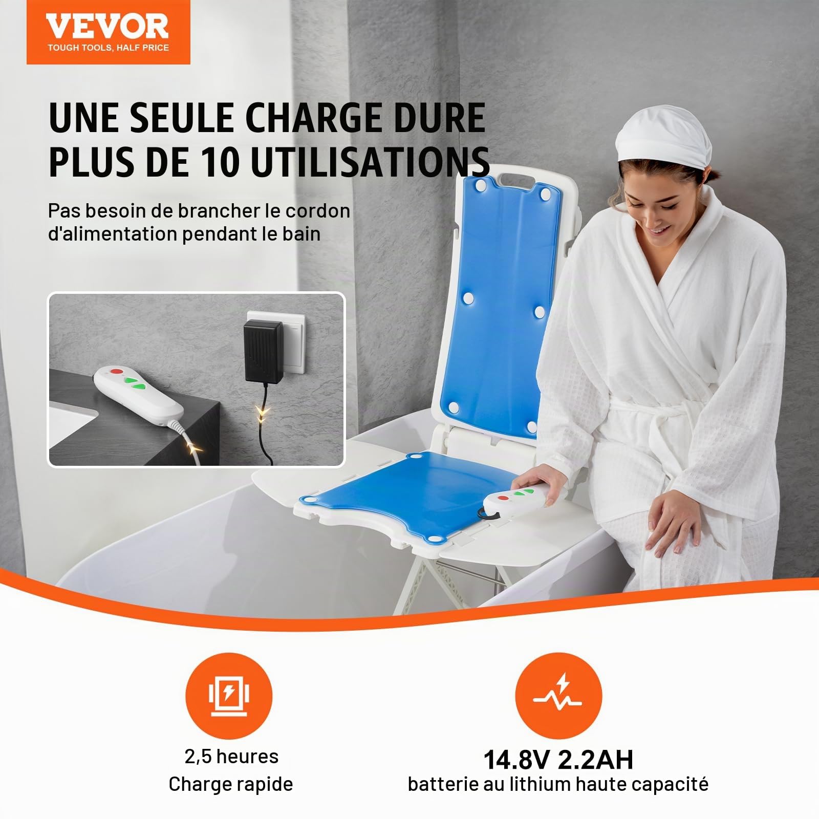 VEVOR Elévateur de Bain électrique, 77 à 507 mm, appareils pour soulever Les Vieux du Sol, supporte jusqu'à 140,6 kg, Inclinaison à 45 ° pour Inclinaison Confortable, pour Personnes âgées, Patients