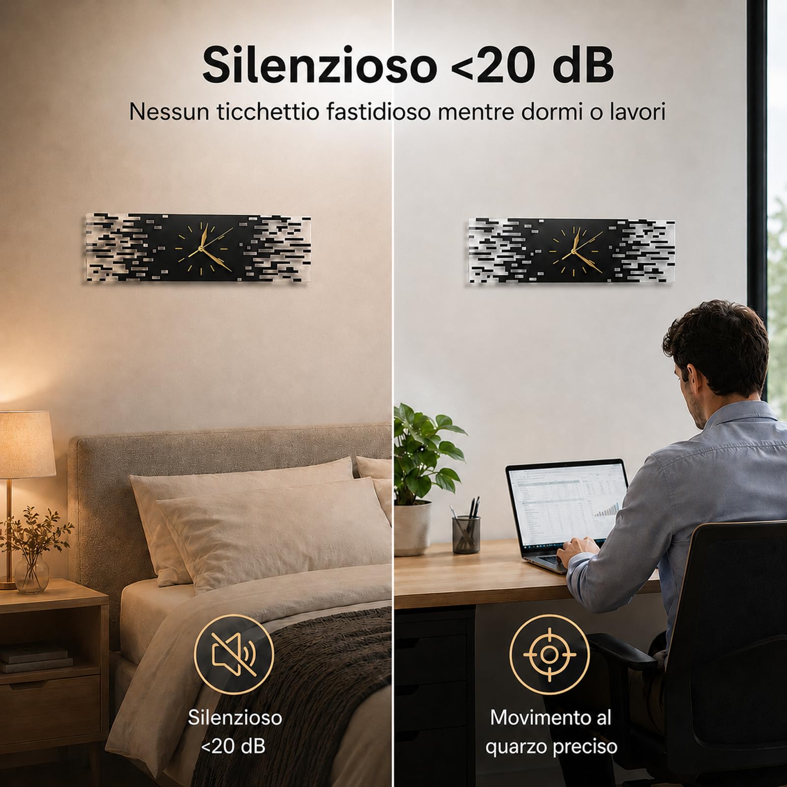 LANMOU Orologio da Parete Moderno, Rettangolare Silenzioso, 50x15cm | Orologio da Muro in Acrilico dal Formato Orizzontale, per Soggiorno, Corridoio o Ufficio interno, Nero e Bianco