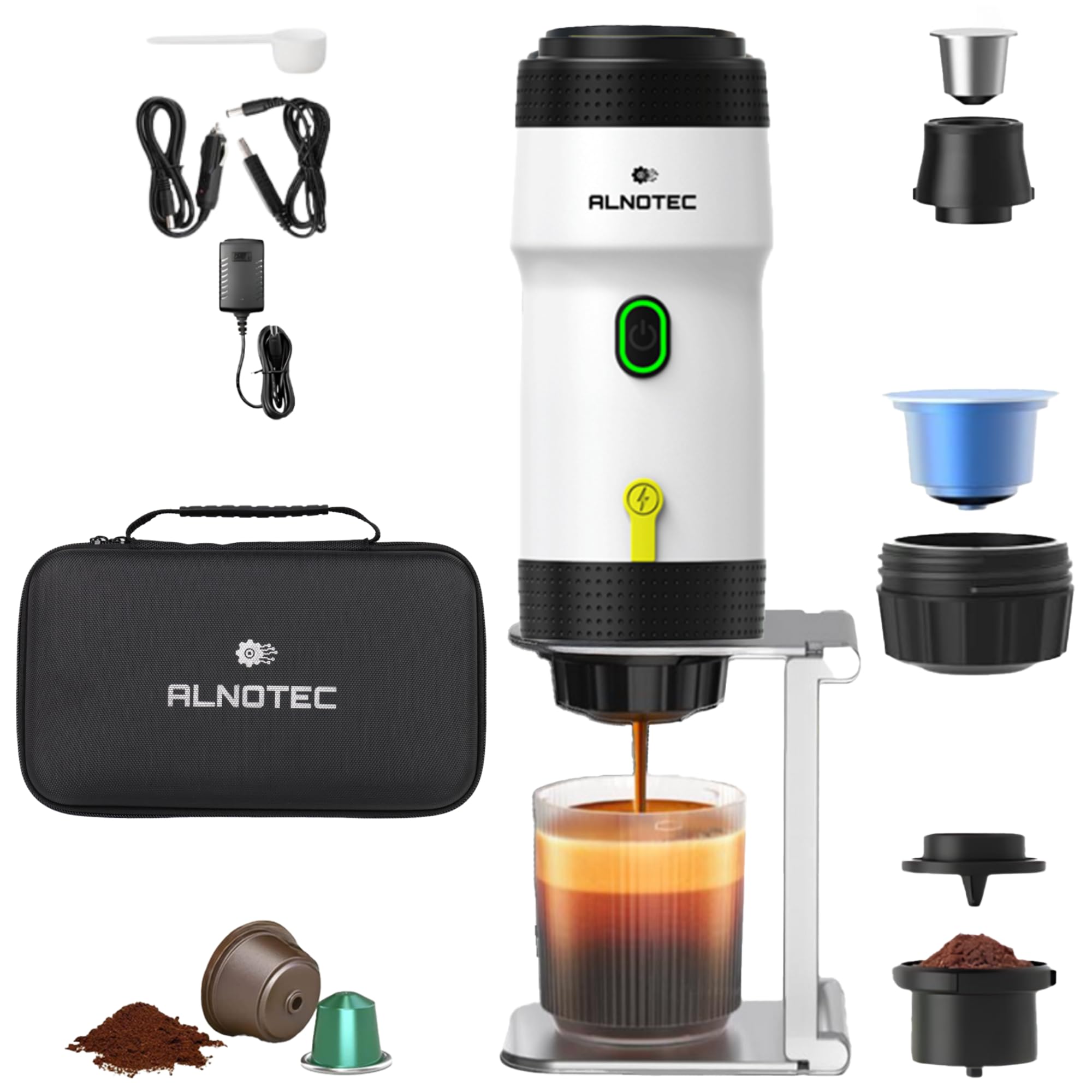 Draagbaar Espressoapparaat, 12V 15 Bar Zelfverwarmend Reiskoffiezetapparaat, Elektrisch Koffiezetapparaat Compatibel met NS/DG-capsules en Gemalen Koffie voor Kamperen, Campers