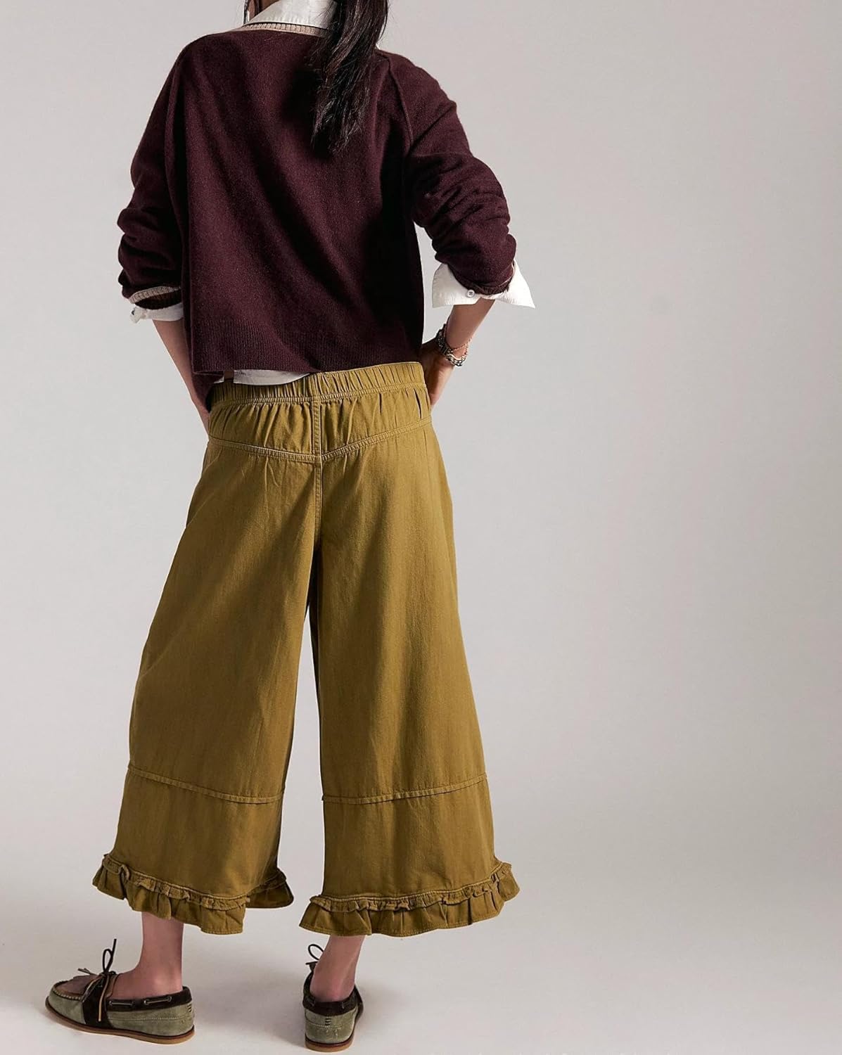 Wide Leg Jeans Woman Mid-Rise Cropped Baggy Jeans Elastic Waisted Loose Fit Cute Ruffle Hem Denim Pants with Pockets - Image 5