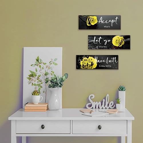 Miniatura 2 de ZINYAZHE 3 piezas de decoración de pared amarilla inspiradora rosa amarilla para baño, arte de pared de madera, decoración de pared de oficina con