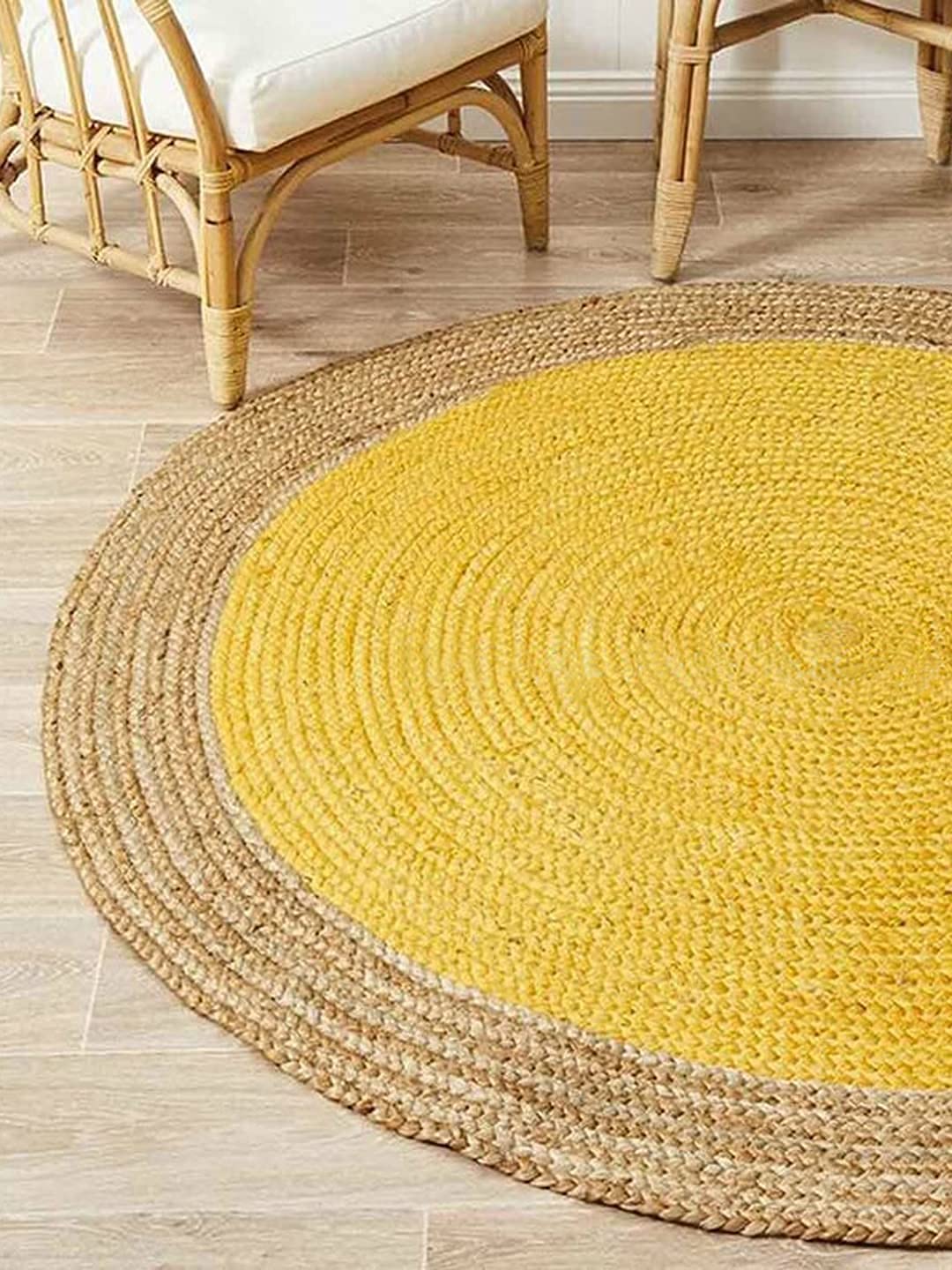 Handgefertigter geflochtener Jute-Teppich für Wohnzimmer, runde Jute-Bodenmatte, Teppiche für Wohnzimmer, Jute-Mitteltischteppich, Heimdekor-Teppich, Gelb (90 x 90 cm)