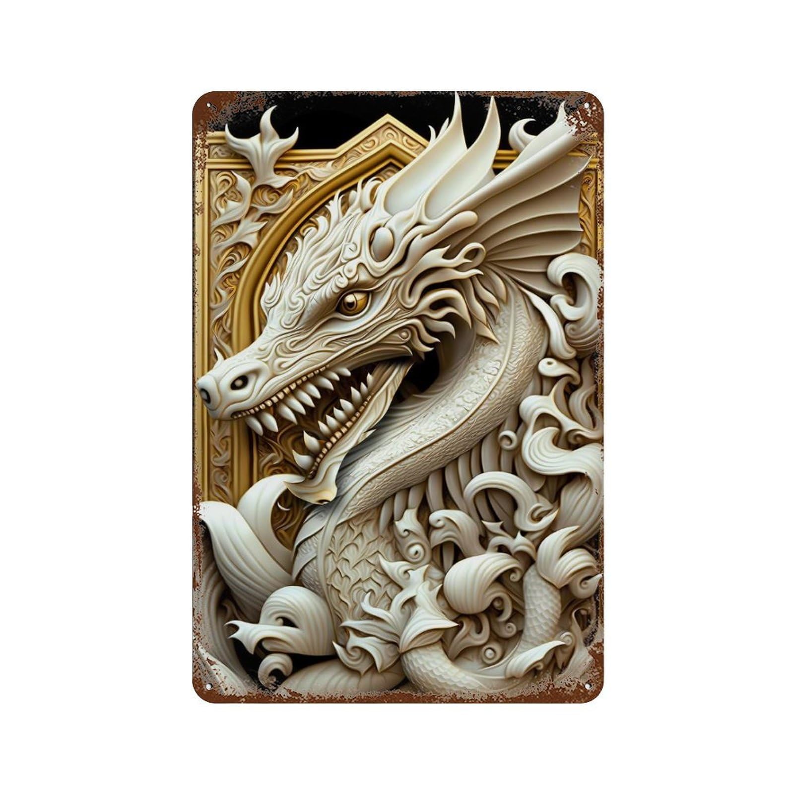 White Dragon Art Deco Aged Metal Wall Plaque 11.8"x7.9", Classic Wall Plaque for Garage, Pub Or Kitchen