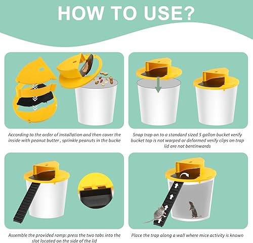 Miniatura 3 de Trampa para ratones adaptada a tapa de cubo de 5 galones, trampa para ratas, reinicio automático para uso en interiores y exteriores, reutilizable