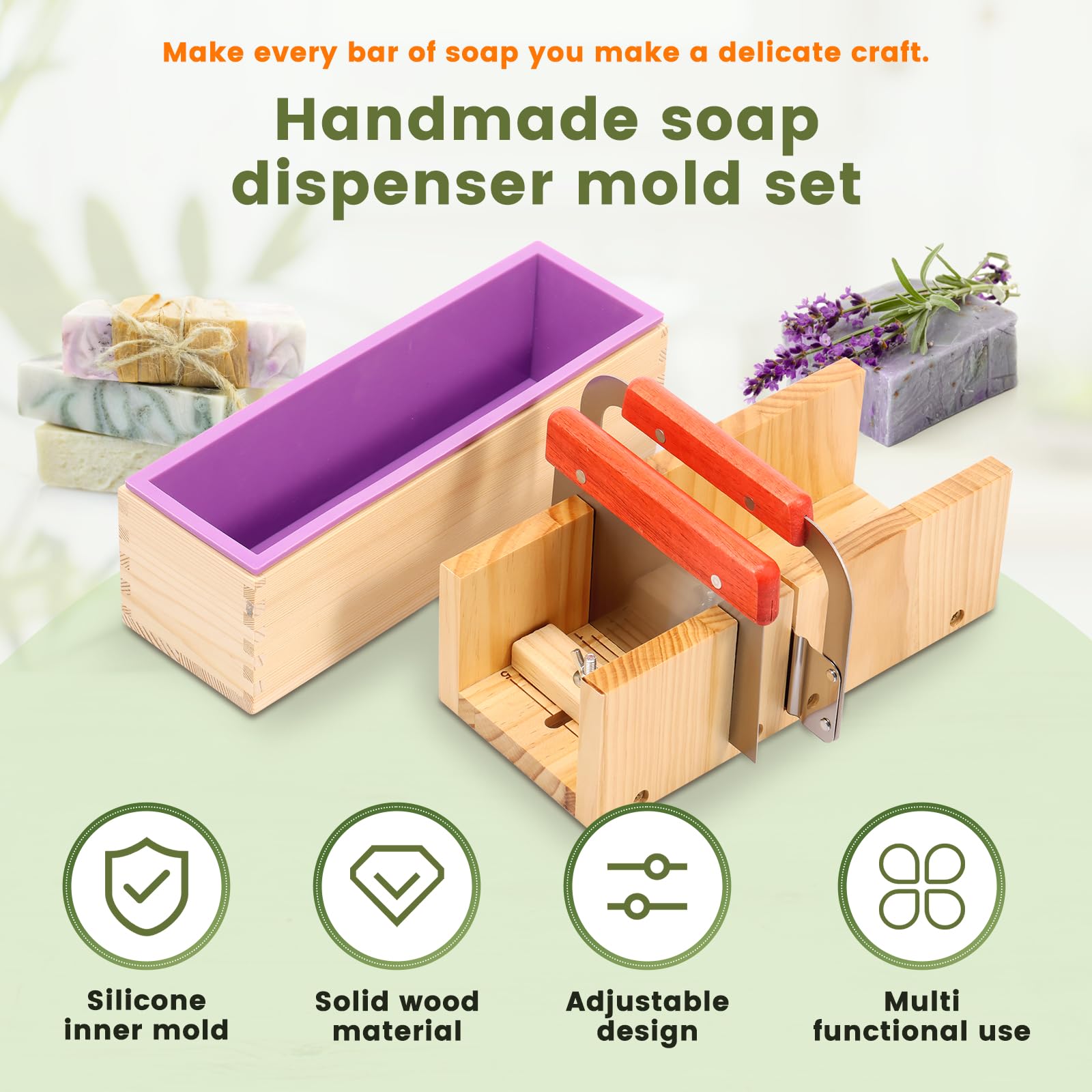 Set di tagliasapone in legno, fatto a mano, con tavolo da taglio regolabile, rettangolare, in silicone, in acciaio inox, coltello dritto per la produzione di sapone fai da te