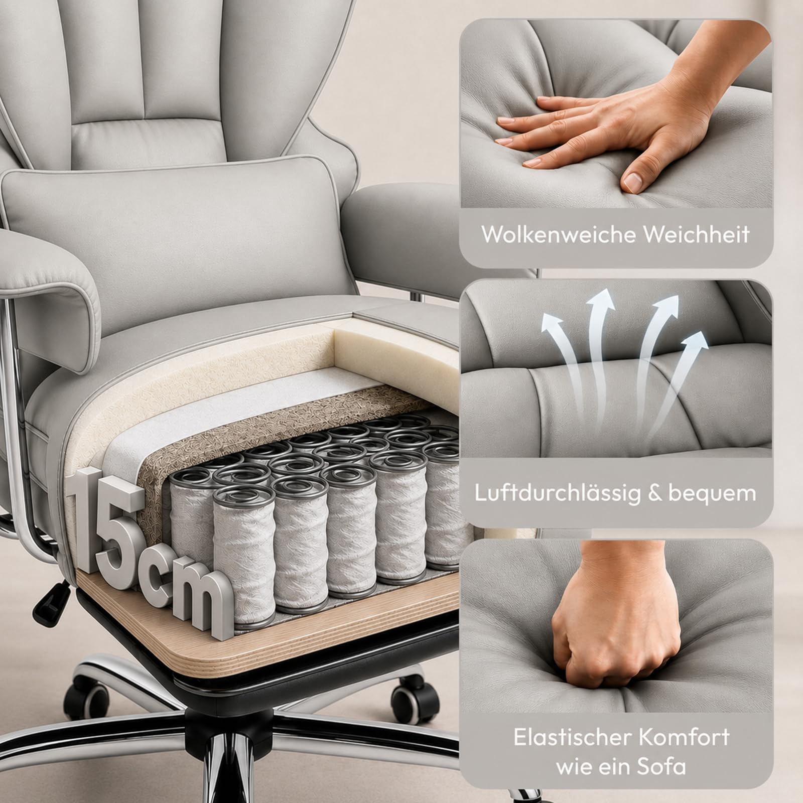 Ergonomischer Chefsessel Bürostuhl Gaming Stuhl Hochlehner mit Fußstütze & verstellb. Lendenstütze, 200 kg belastbar, Extra breiter Sitz, 90°–135° Rückenlehne, Polsterung, Modern Büro/Homeoffice, Grau