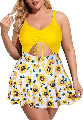 Yonique - Trajes de baño de una pieza en talla extragrande con falda y cuello en V con estampado floral y abertura