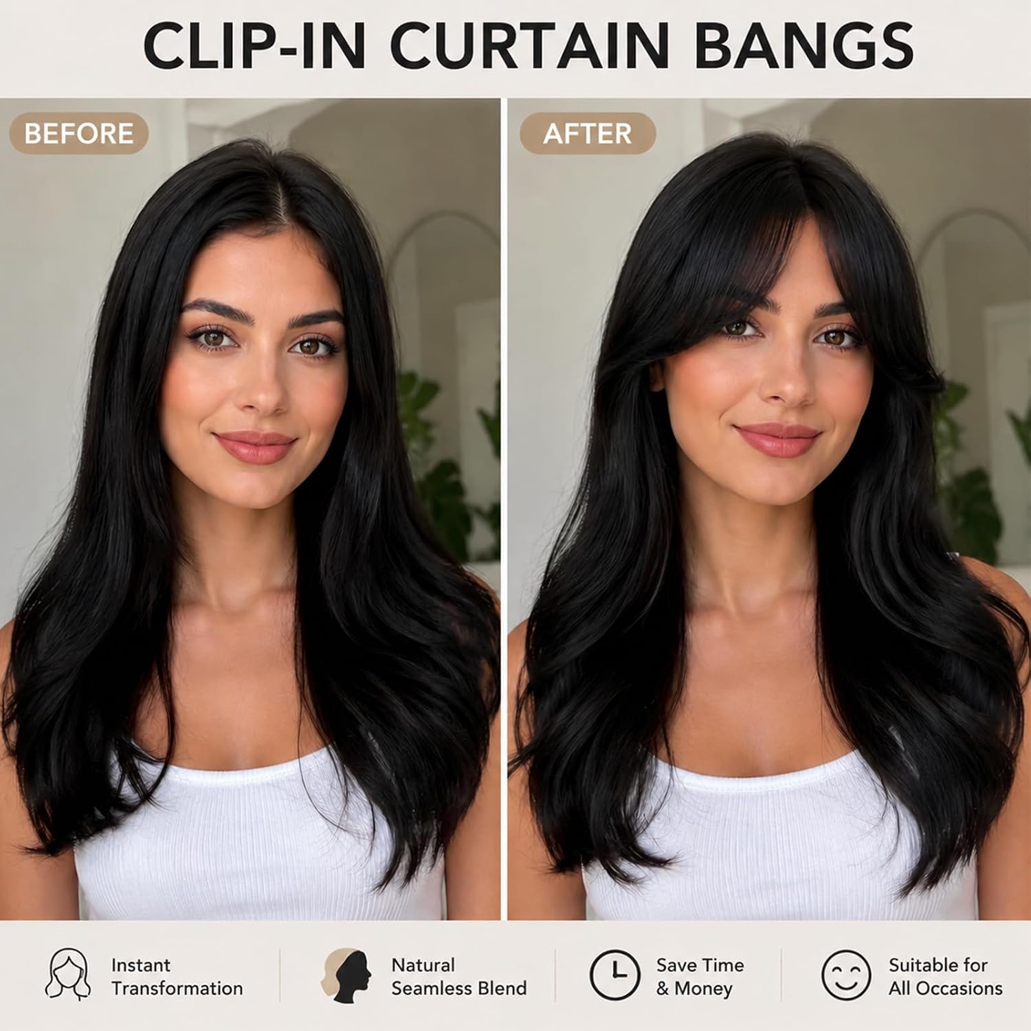 Clip in Bangs Real Human Hair Fake Curtain Bangs With Temples Brown Black