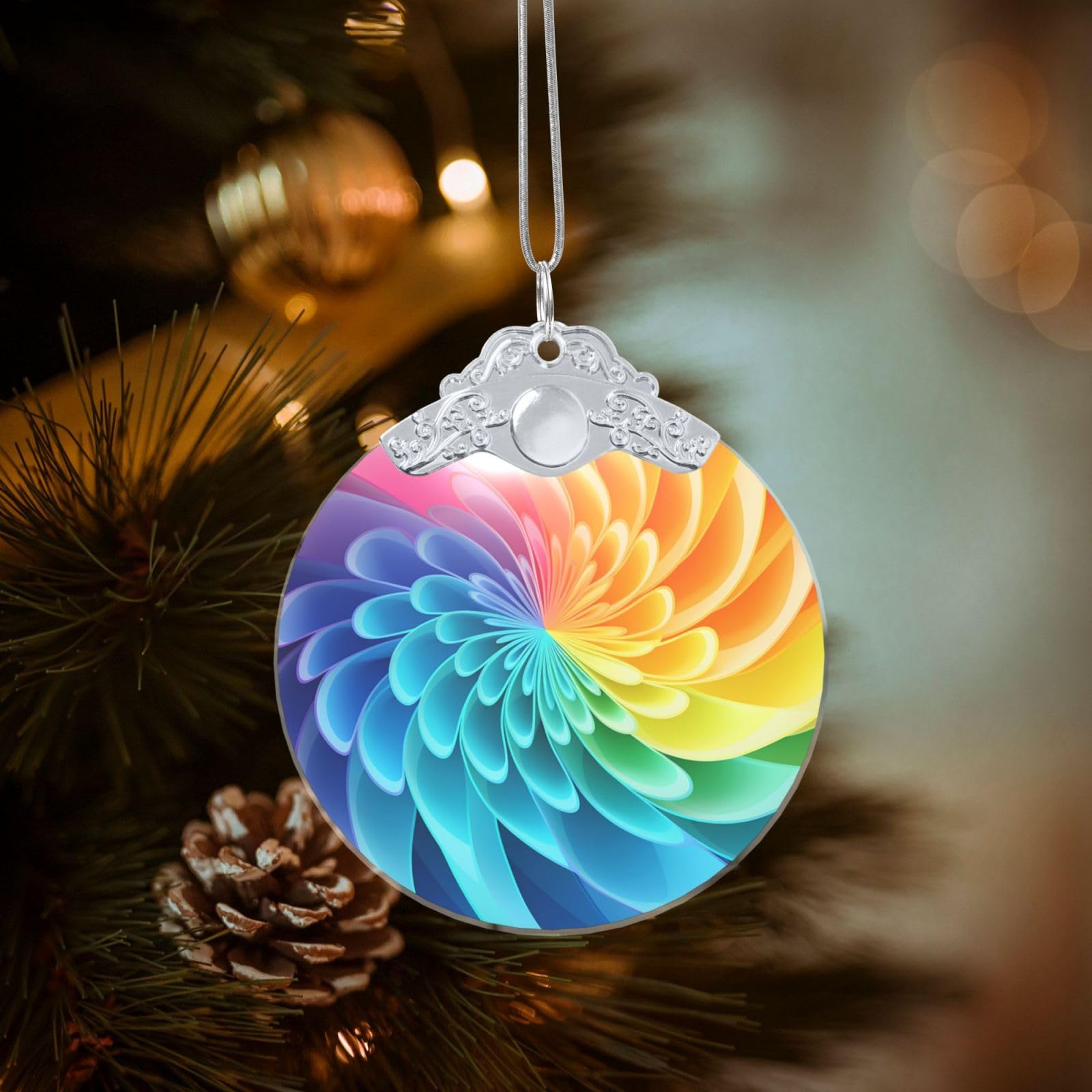 Crystal Christmas Ornaments for Christmas Tree Decoration Hanging Rainbow Dynamic Ornament with Gold Ribbon Crafts Round Pendant for Keepsake Gifts Glass Xmas Decor Party Supplies