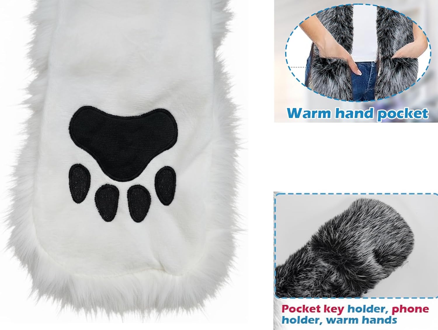 Wolf Hat Faux Fur Hood 3 in 1 Scarf Hat and Mittens with Ears and Paws, Plush Animal Spirit Costume