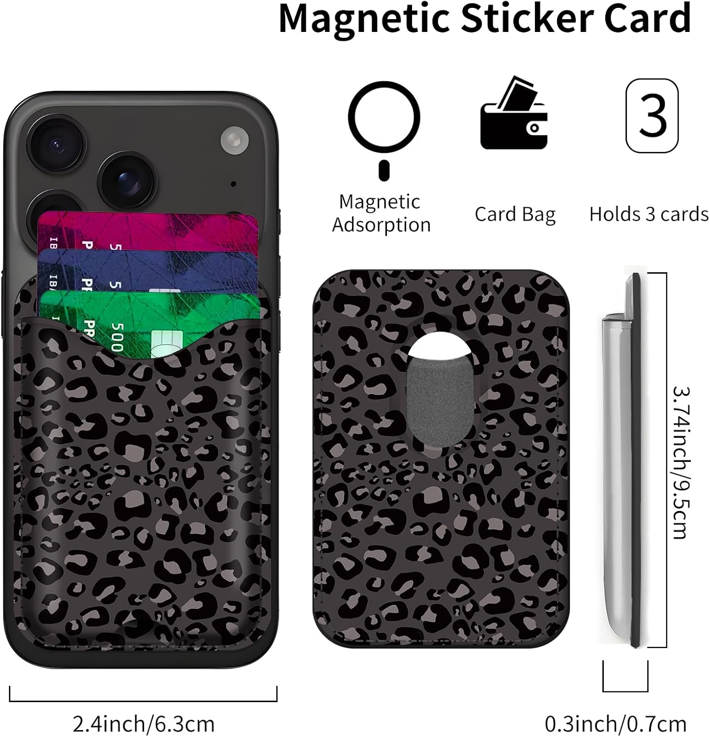 Compatible with Magsafe Wallet Magnetic Phone Card Holder for Phone Case, Cute Leather Stronger Magnetic RFID Phone Wallet for Women Men Black Leopard Spots image 3