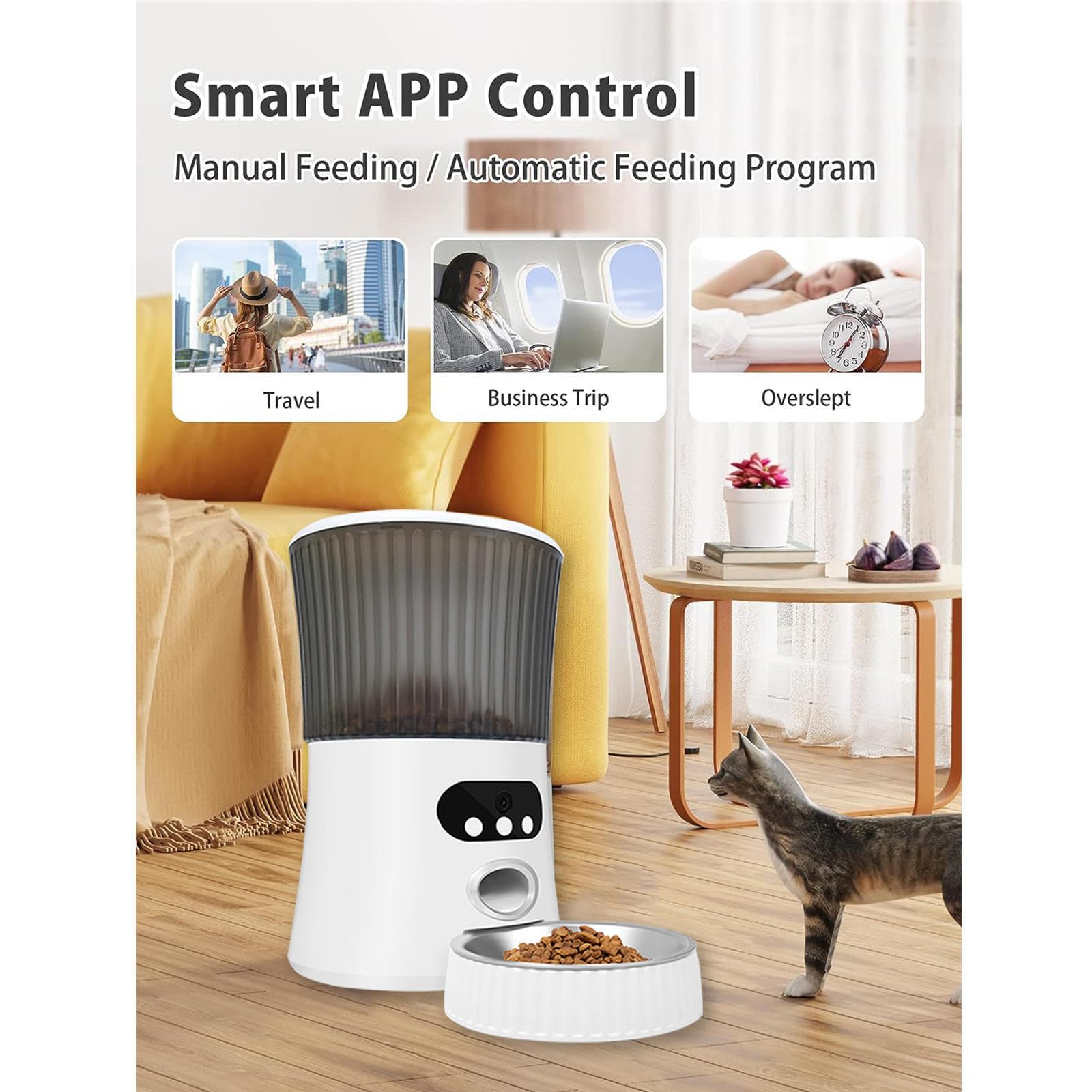 Comedero Gato Automatico WiFi, 6L con Cámara 1080P, 2.4G WiFi con App Video Audio Visión Nocturna Dispensador De Comida para Perros, Dispensador Comida Gato