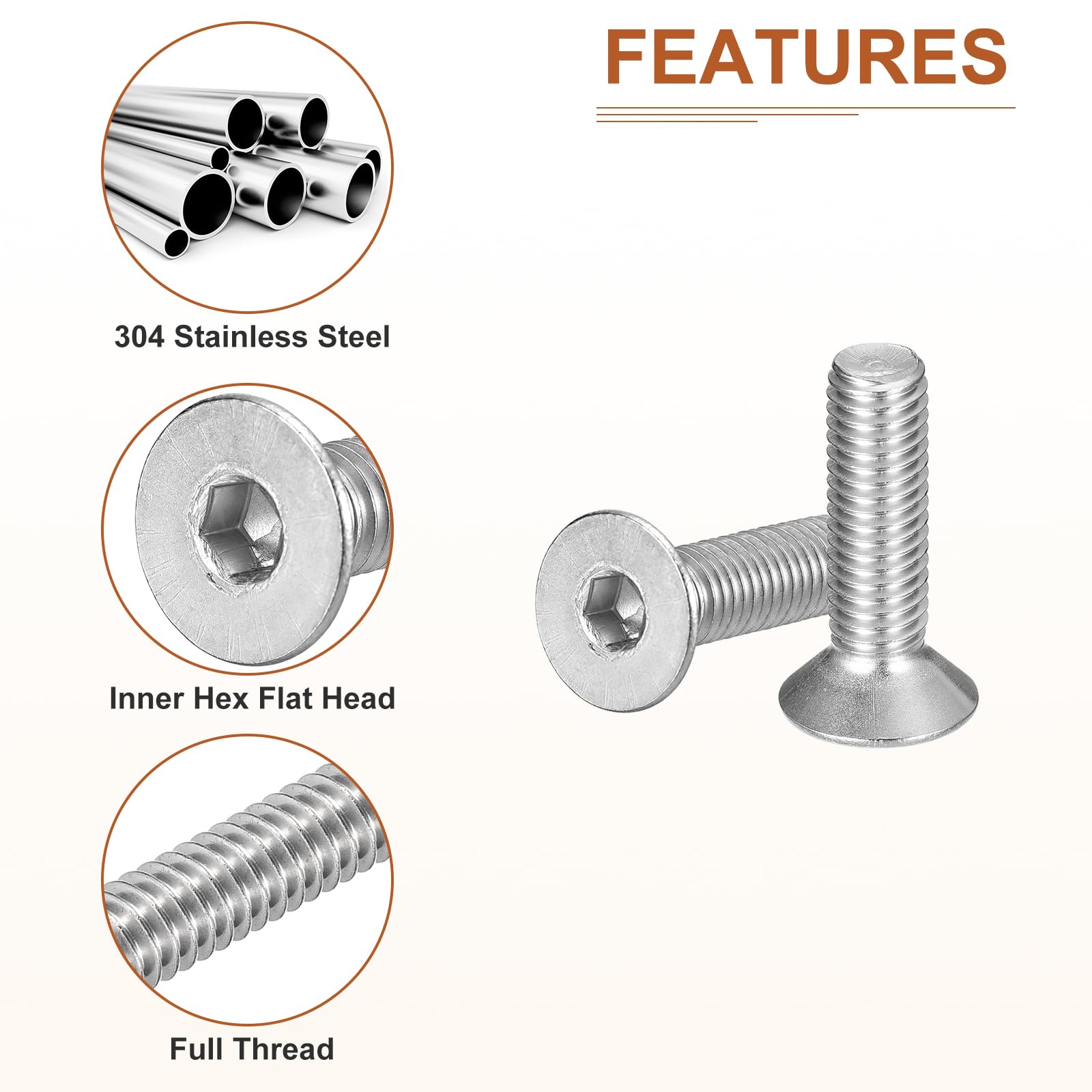 DTGN M8-1.25 x 30mm Flat Head Socket Cap Screws, 20 Pack 304 Stainless Steel Hex Socket Flat Head Screws, Full Thread - Image 4