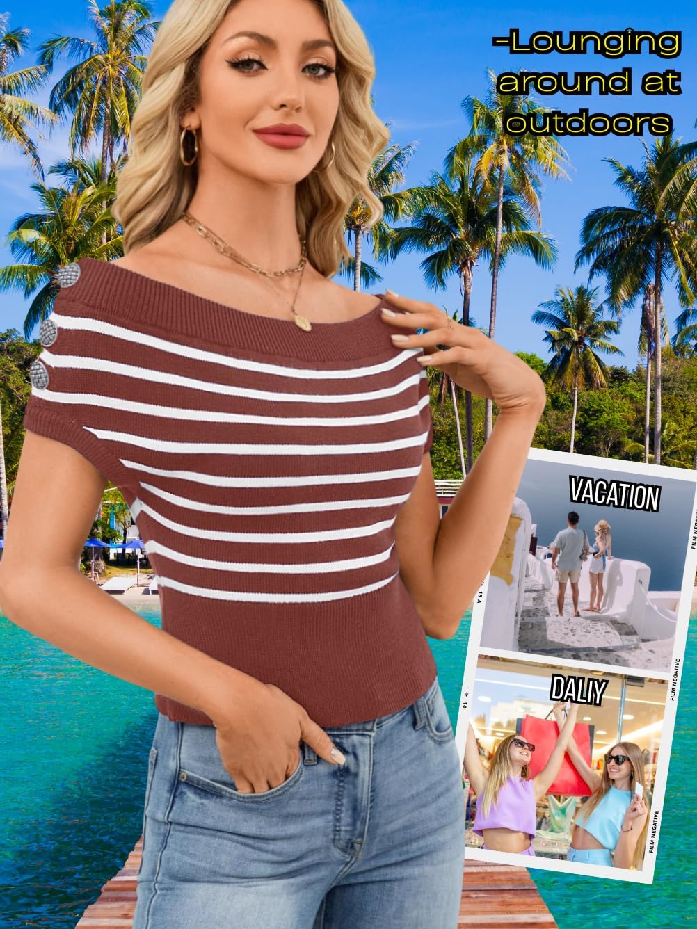 Women Sexy Boat Neck Off Shoulder Sweater, Short Cap Sleeve Striped Knit Crop Top, Spring Summer Trendy Casual Outfit - Image 2