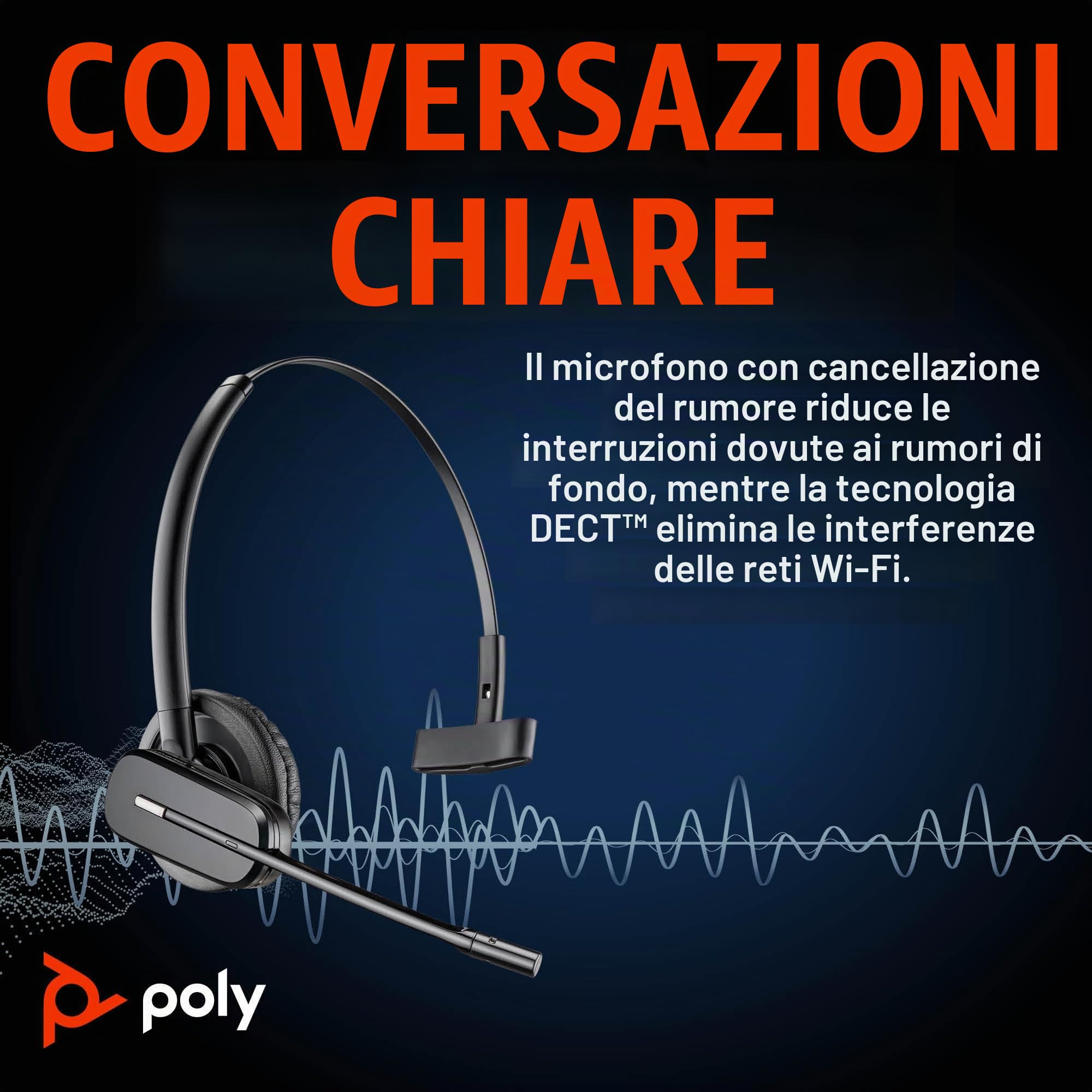 Poly Convertible, Monoauricolare Senza Filo, Connessione Bluetooth, Cancellazione del Rumore, Comandi sul Dispositivo, Imbottitura in Similpelle, Autonomia 7 Ore, Compatibile con Telefoni Fissi, Nero