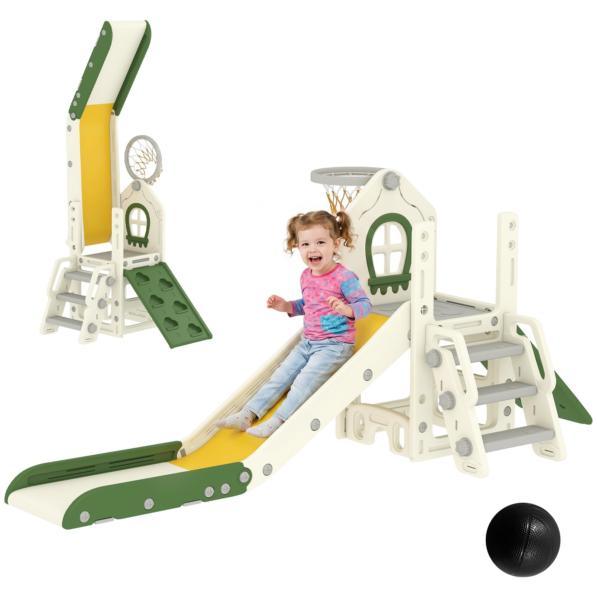 AIYAPLAY Tobogán plegable 4 en 1 para niños con elemento de escalada, canasta de baloncesto, espacio de almacenamiento y baloncesto, parque infantil para niños de 1 a 3 años, color blanco crema