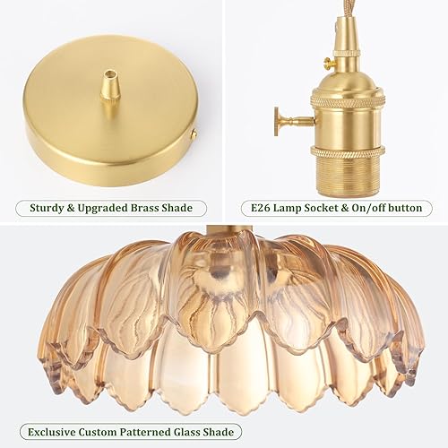 Miniatura 4 de Lámpara colgante con pantalla de cristal ámbar Scindapsus de cristal, lámpara colgante vintage de latón, luz colgante ajustable para cocina, isla,