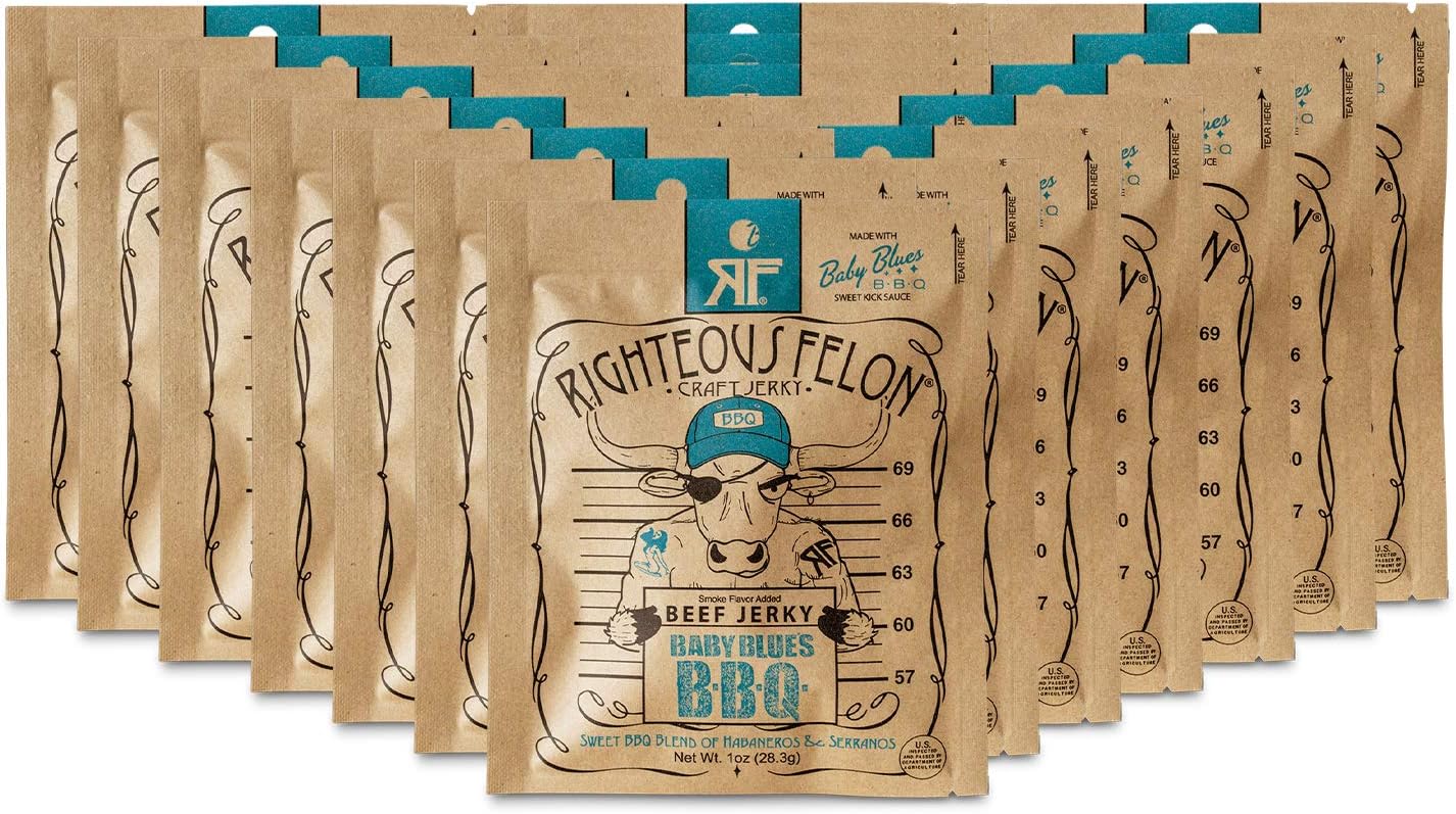 Righteous Felon Beef Jerky Multi Pack - BBQ - Craft Beef Jerky High-Protein - Low-Sugar All Natural Healthy Snacks 16 Count (1 oz)